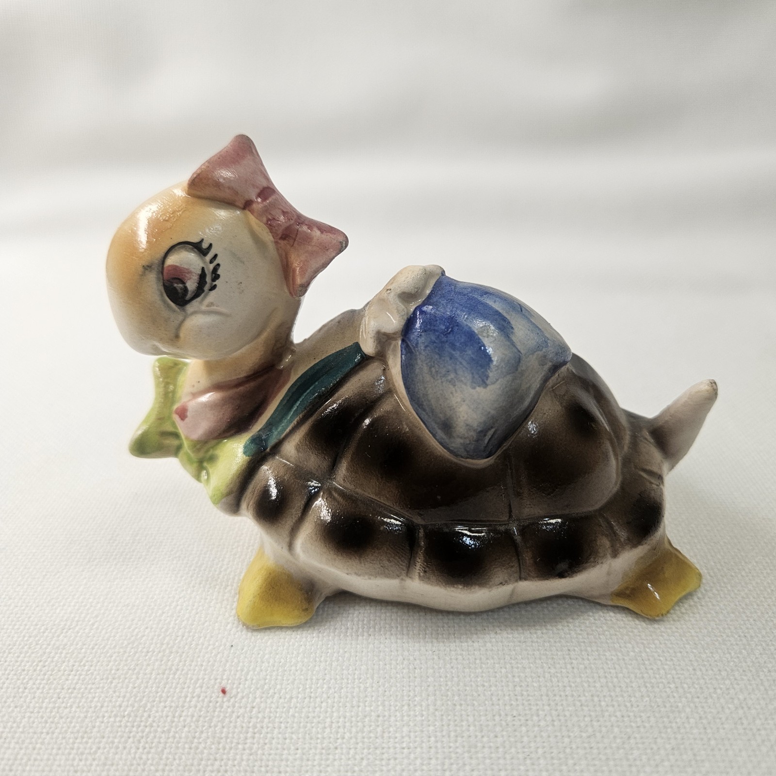 Vtg Anthropomorphic Ceramic Turtle Girl Figurine Backpack Made in Japan 3×4″