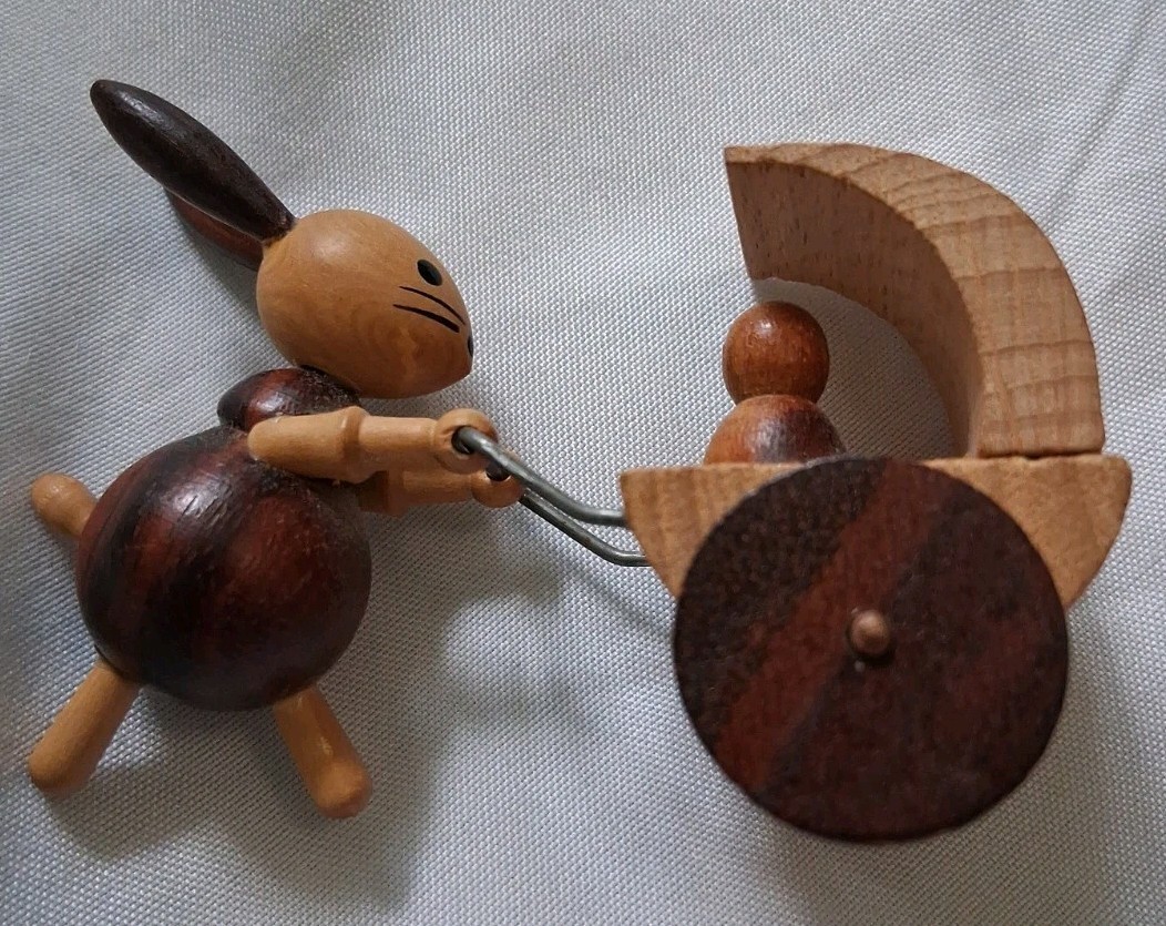 Vintage Goula Spain Wooden Rabbit Bunny Mother Pushing Cart Figurine Collectible
