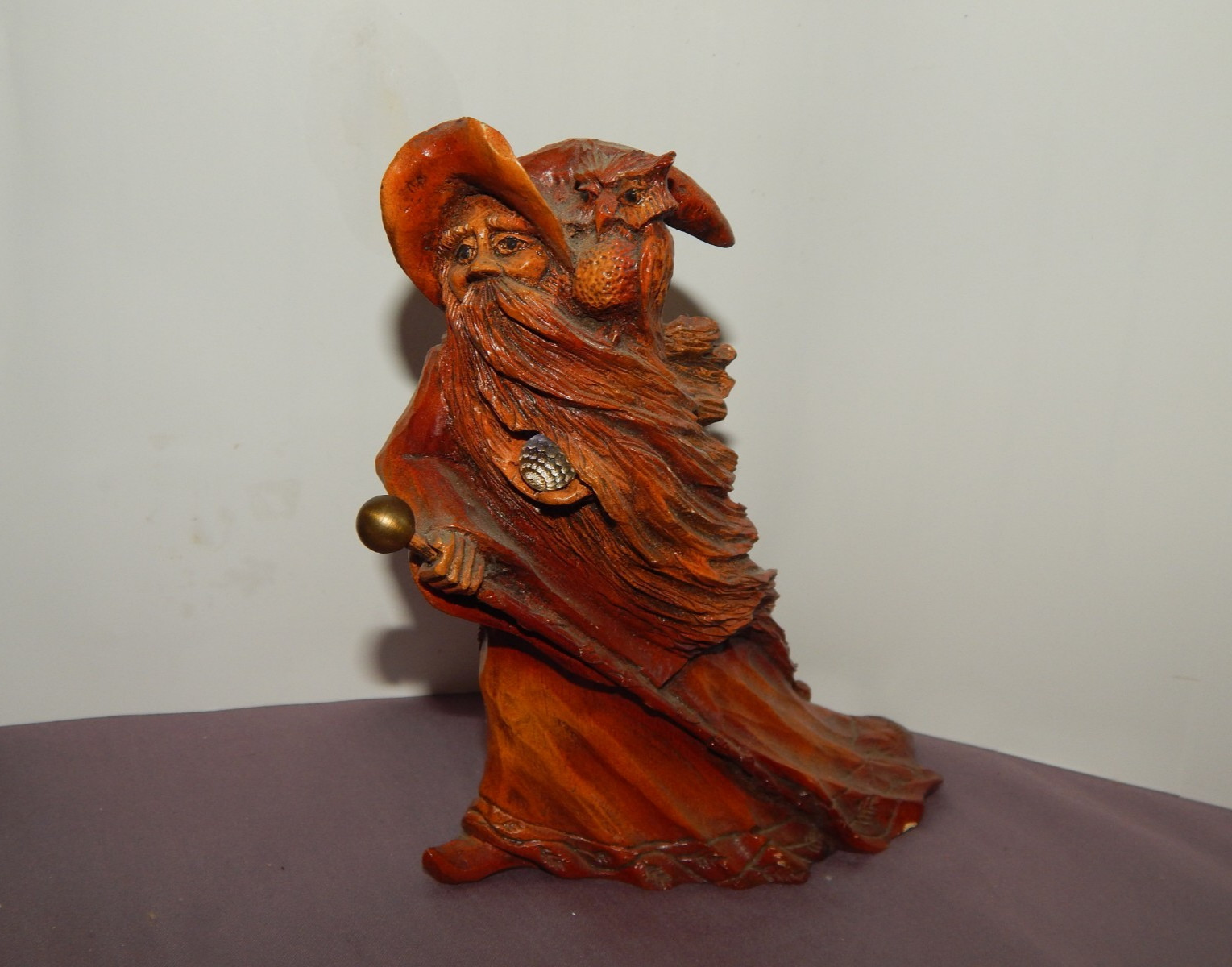 Vintage Carved Wood Magical Wizard Figurine with Owl, Staff and Crystal.