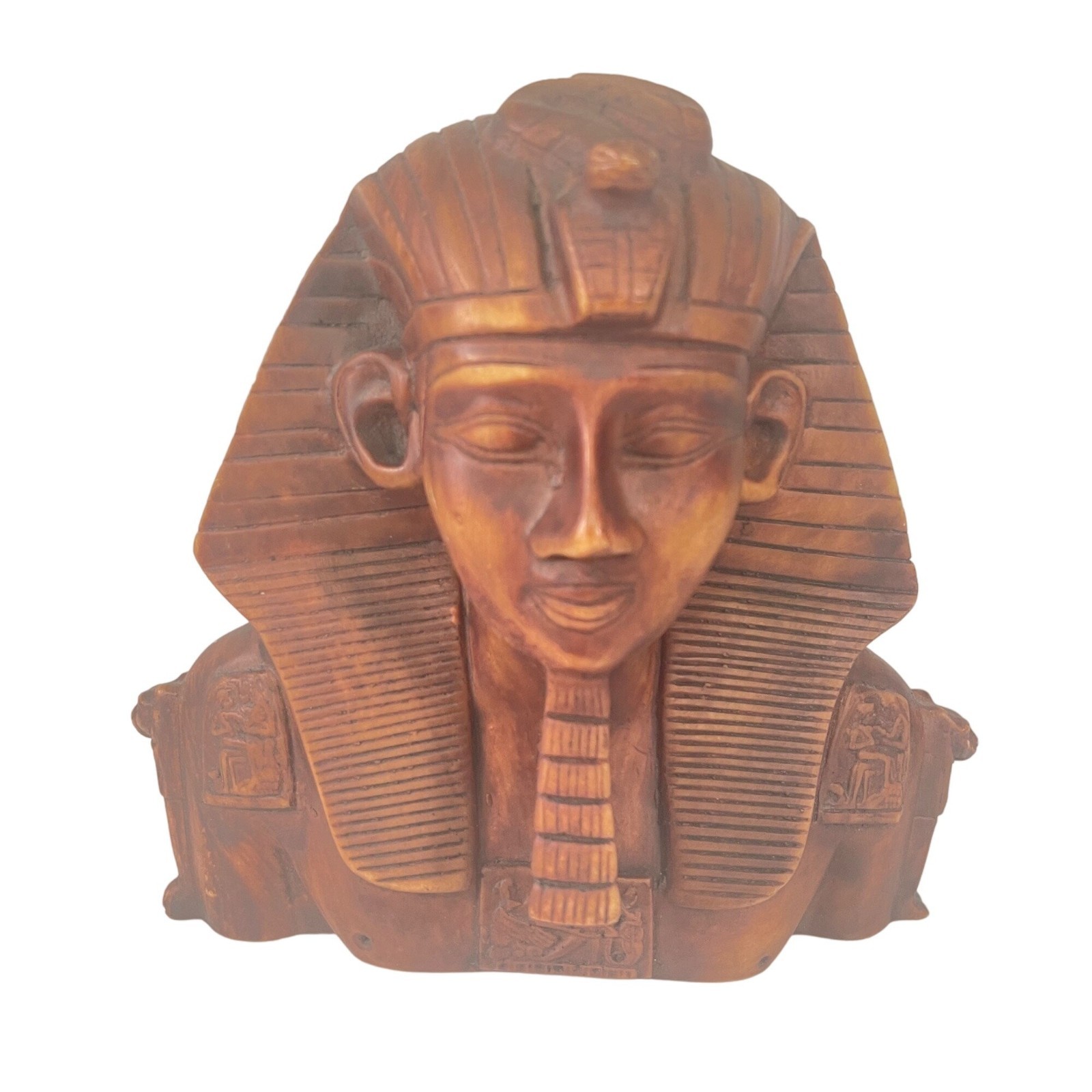 Handcrafted Wooden Egyptian Pharaoh Bust Sculpture Detailed Intricate Design