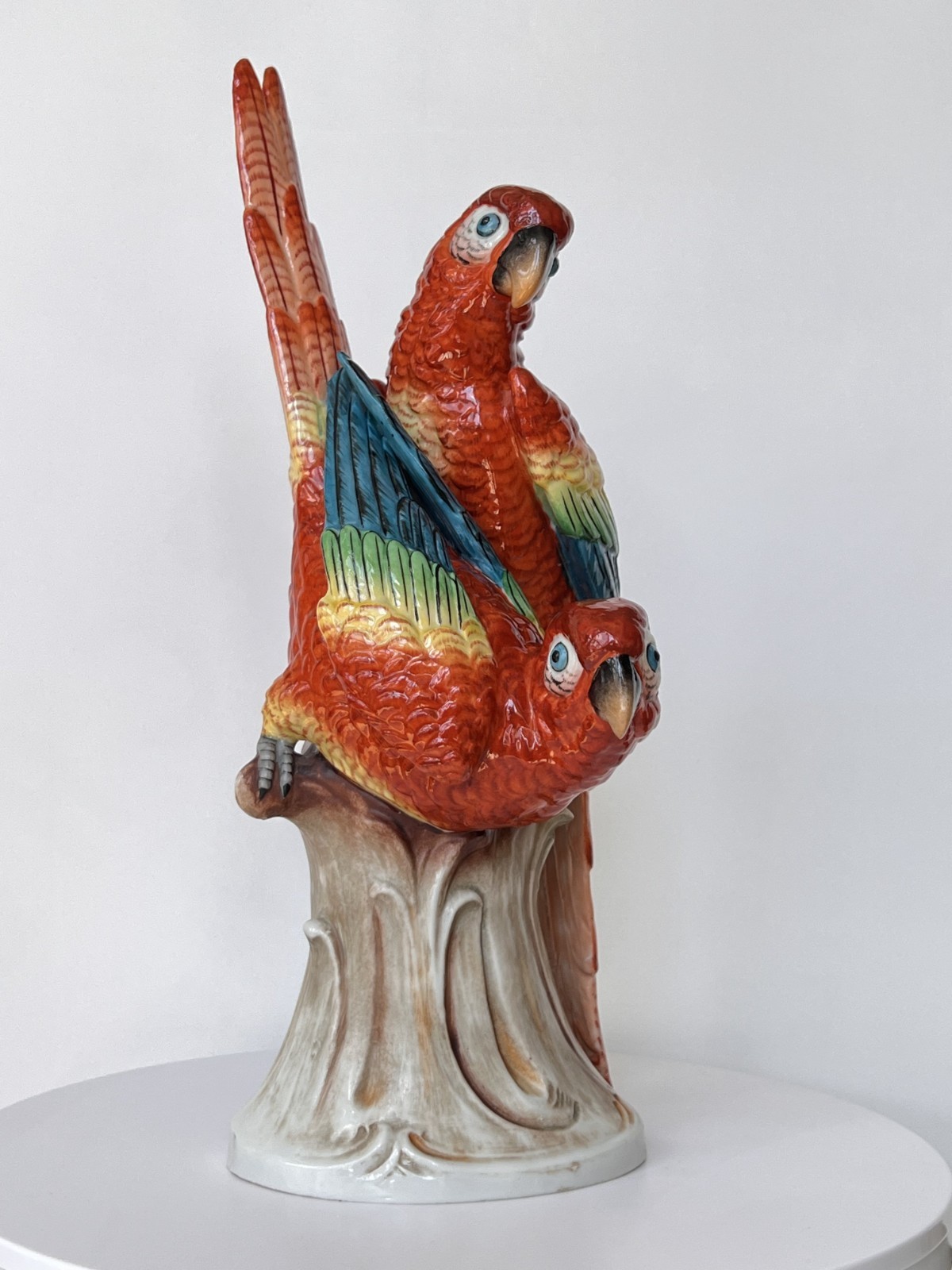 Antique Porcelain Bird Figurine Red Macaw Parrots Sinzendorf 1918 13″ High