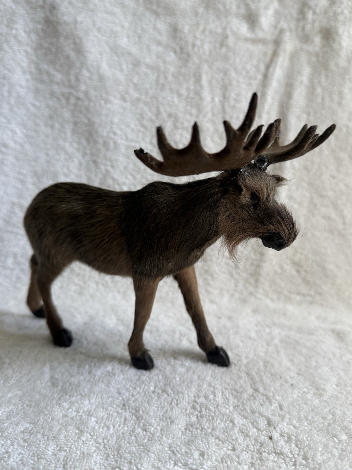 Vintage Real Fur Moose Figurine~Felt Antlers~Realistic~Free Standing 8 inch