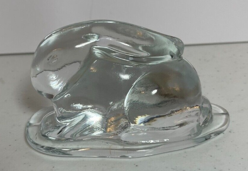 Vintage Viking Glass MCM Clear Crouching Rabbit Bunny Flow Mould Paperweight