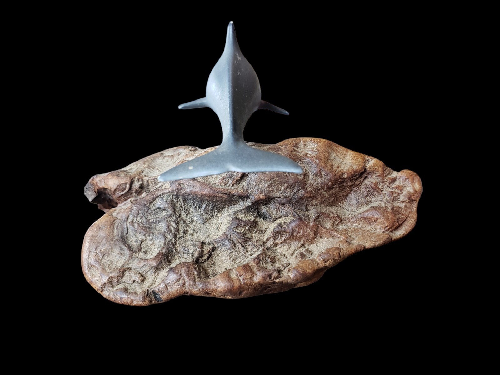 John Perry Figurine Gray Dolphin on Burl Wood Base Art Piece Sculpture