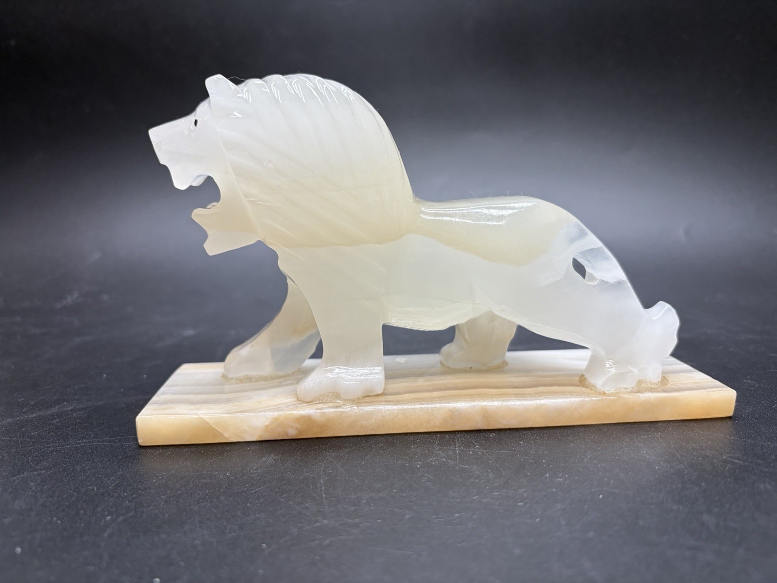 Vintage Hand Carved Art Deco Style Onyx Stone Lion On Onyx Base Sculpture