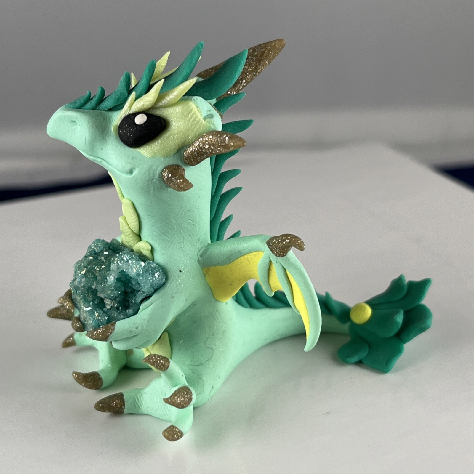 Green Dragon Clasping A Gemstone Figurine 2” Tall Broken Horn
