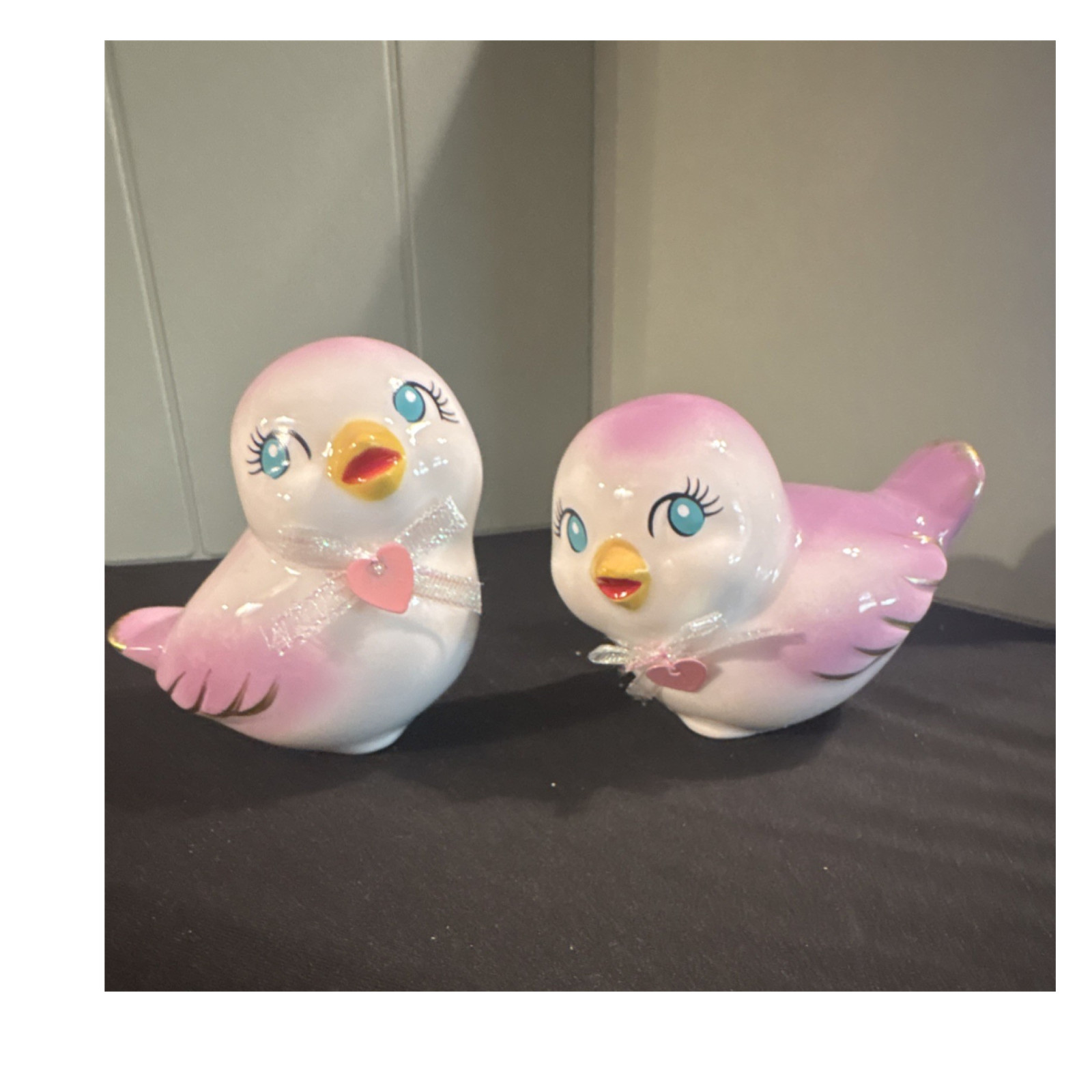 Pink & White Ceramic Bird Figurines Set of 2 Glossy Finish 3D Effect