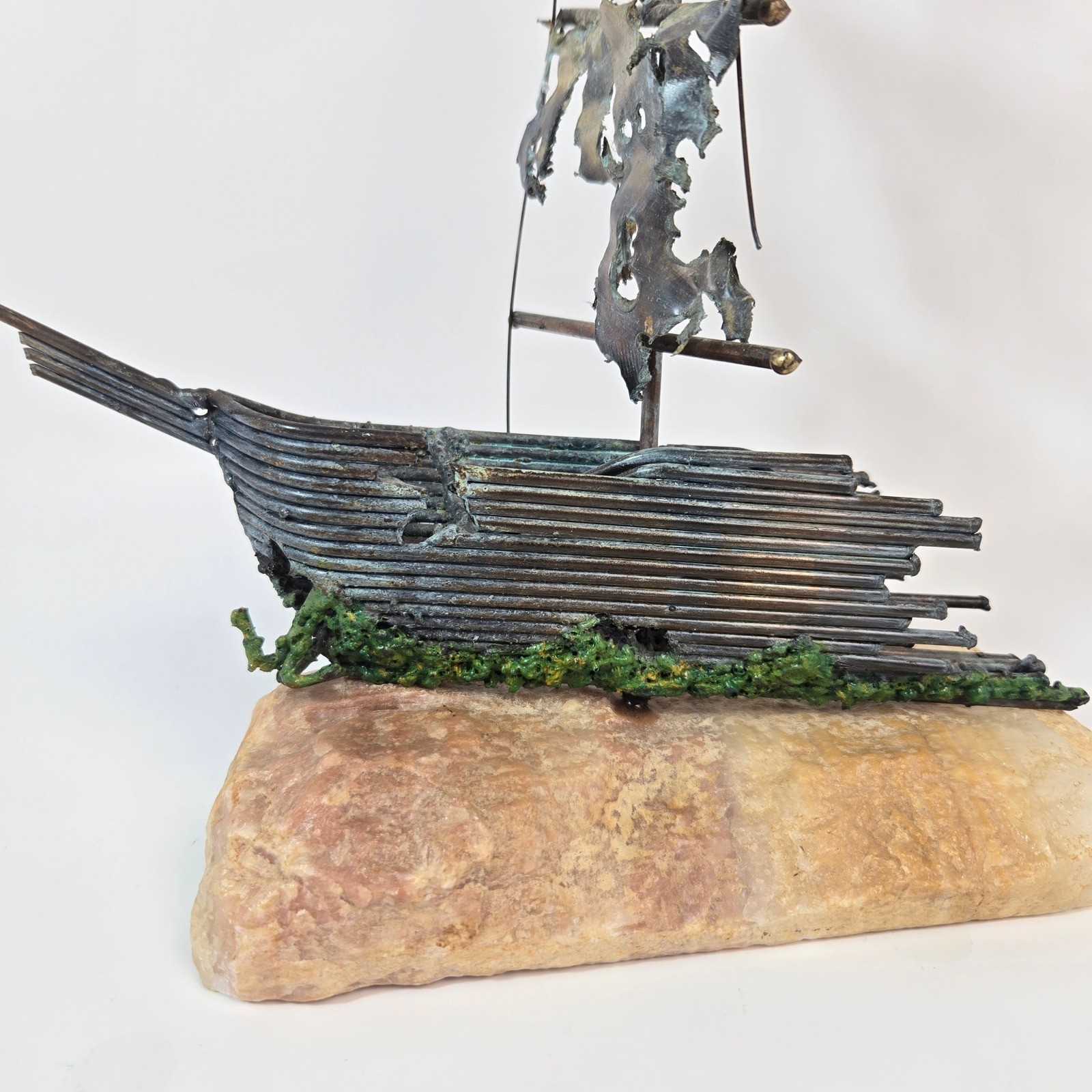 Vintage Brutalist Metal Ship Sculpture Signed DeMott Onyx Base Nautical MCM 13.5