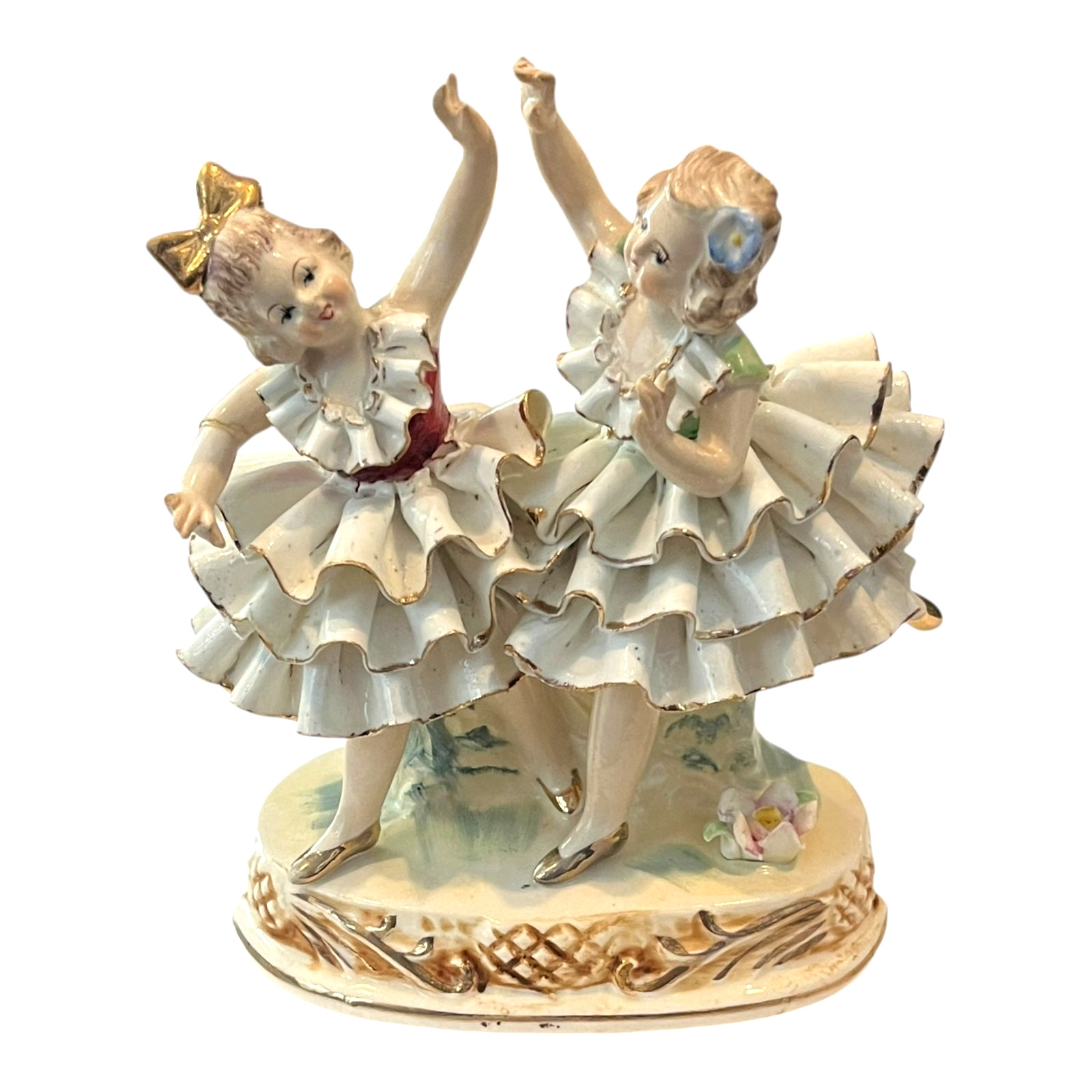 Vtg Wales Porcelain Lace Twin Ballerina Figurine Girls Dancing Gold Trim Japan