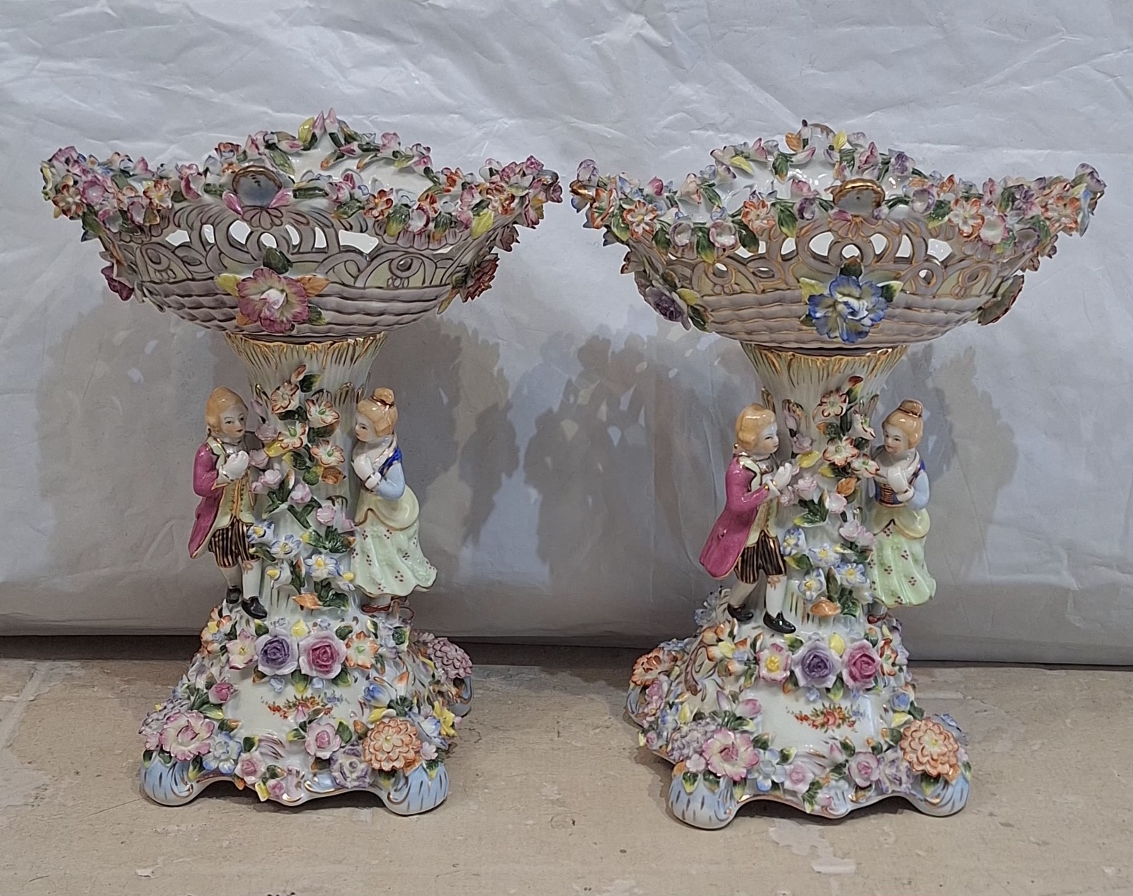 Pairs Porcelain Figural Compotes / Centerpiece Bowls – Applied flowers figurine