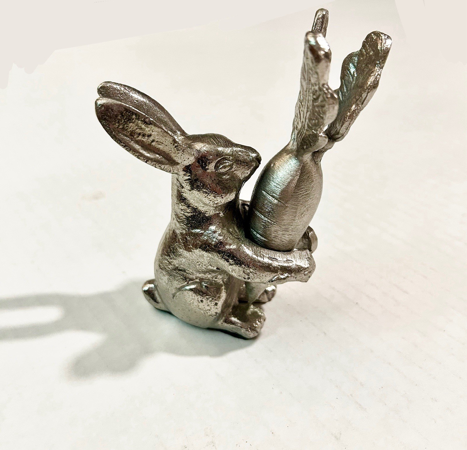 Silver Tone Bunny Rabbit w/ Carrot 5.5” Figurine | Cute Springtime Easter Decor