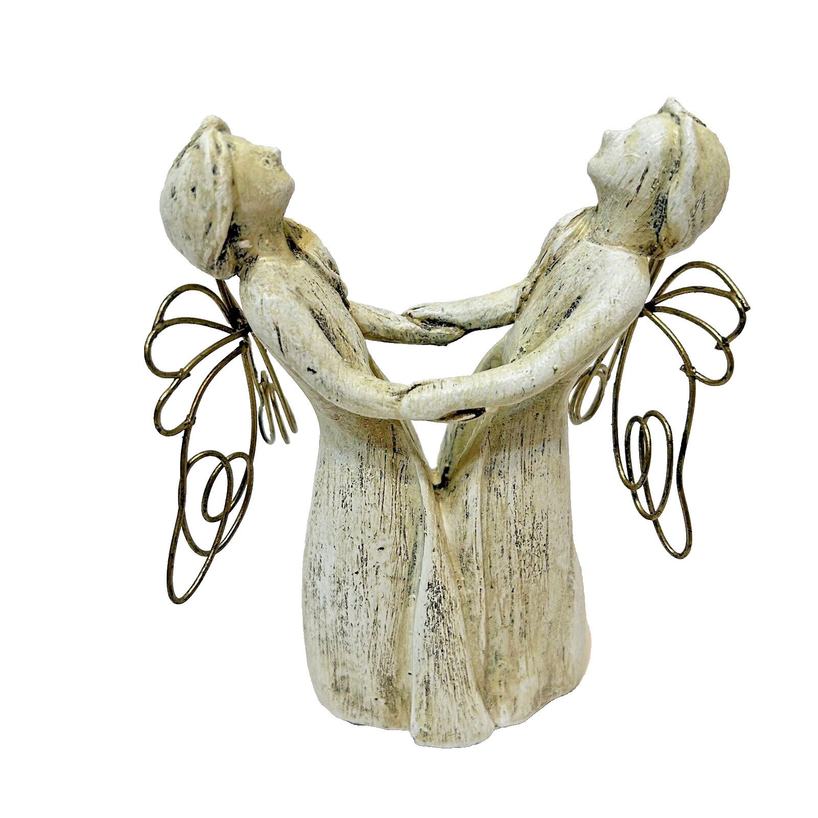 Vintage Distressed Sculpted Angels Holding Hands Figurine Resin and Metal 5.5″