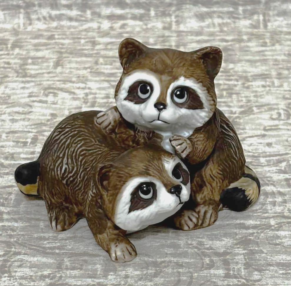 Vintage Homco Raccoon Figurine #1454 Porcelain Baby Raccoons Pair Taiwan