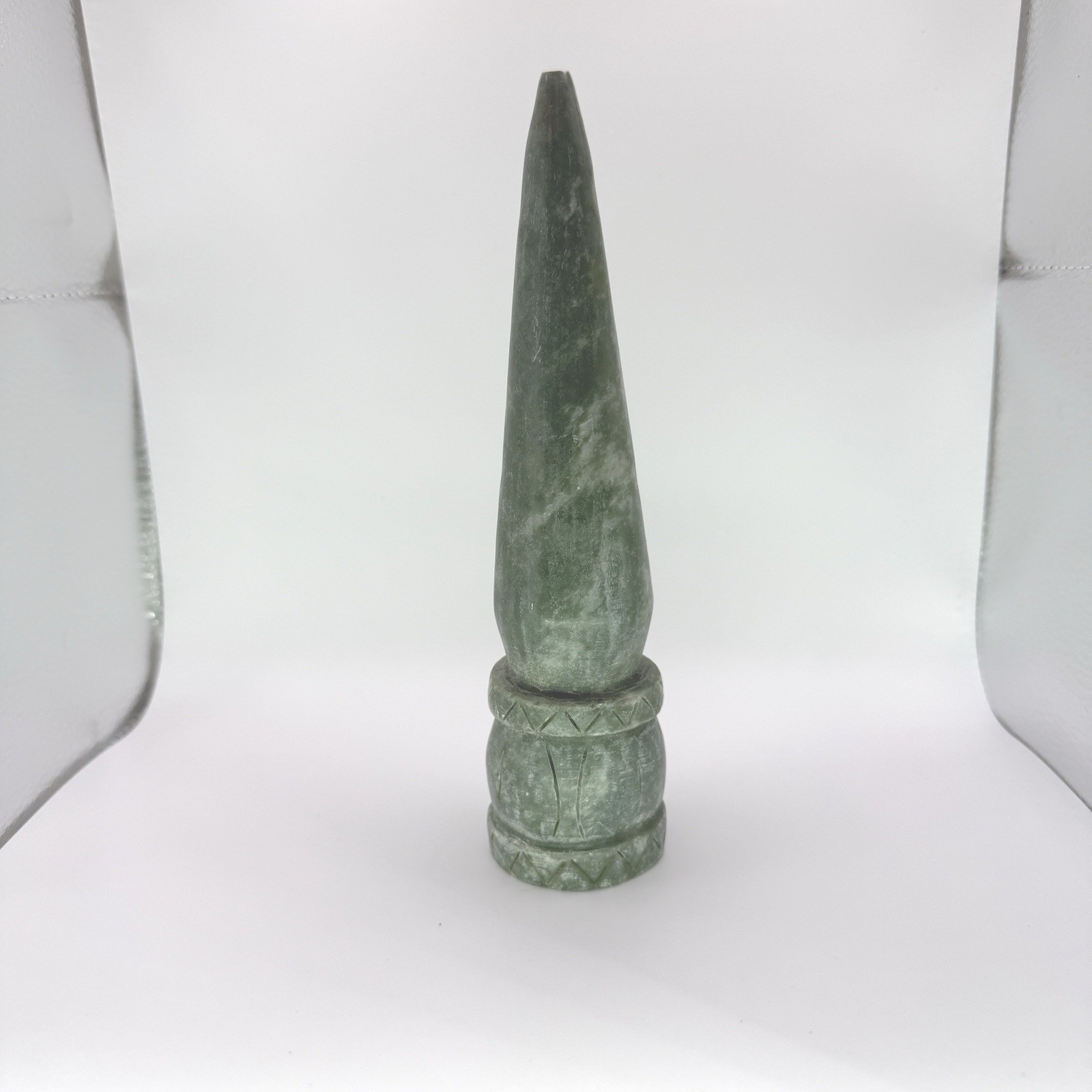 Green Marble Obelisk 8″ Stone Decorative Sculpture EUC Unique Bottom Hollow