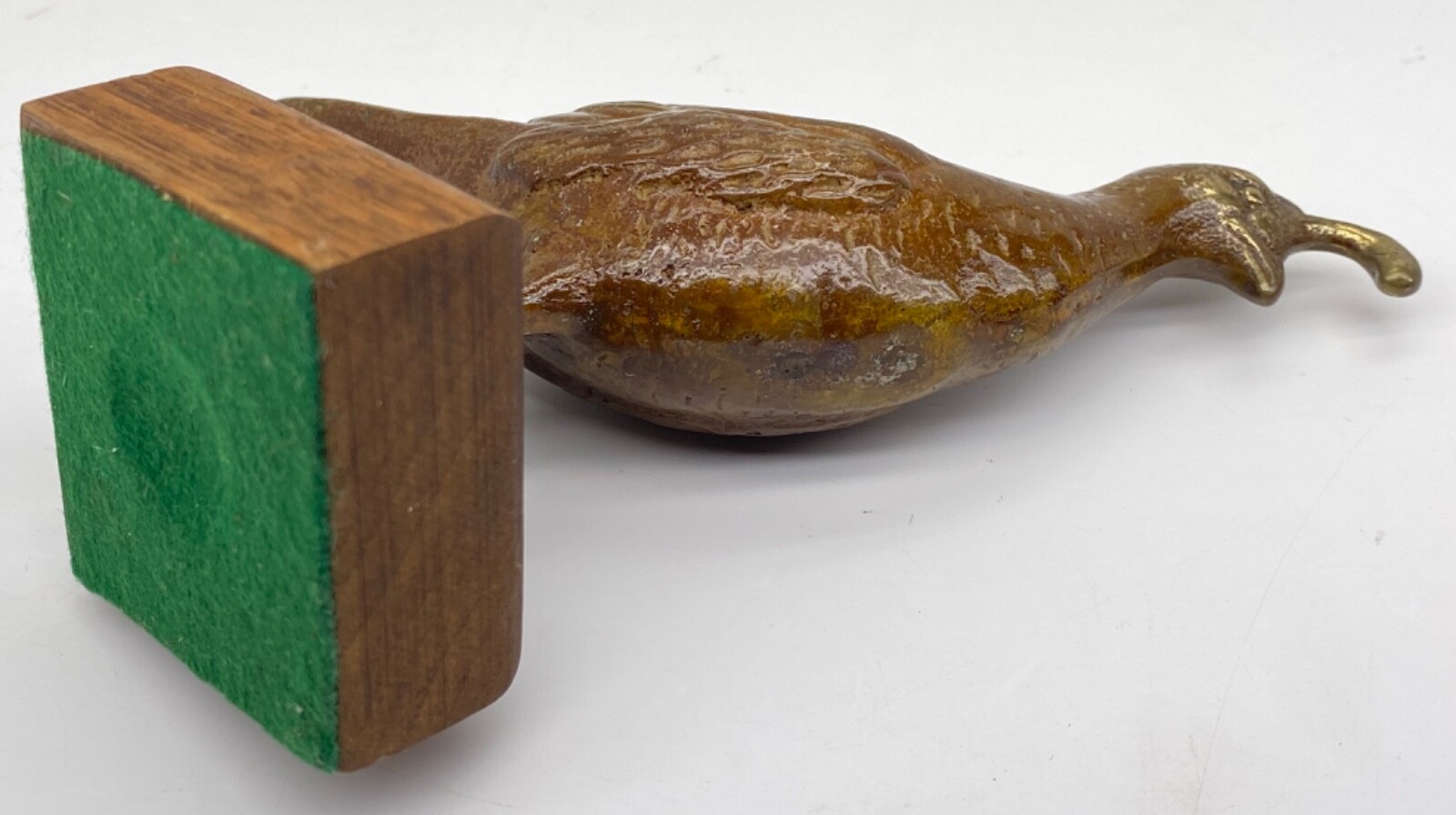 Antique Solid Brass Quail Figurine w/ Wood Base 5” Tall Metal Alloy Bird Statue
