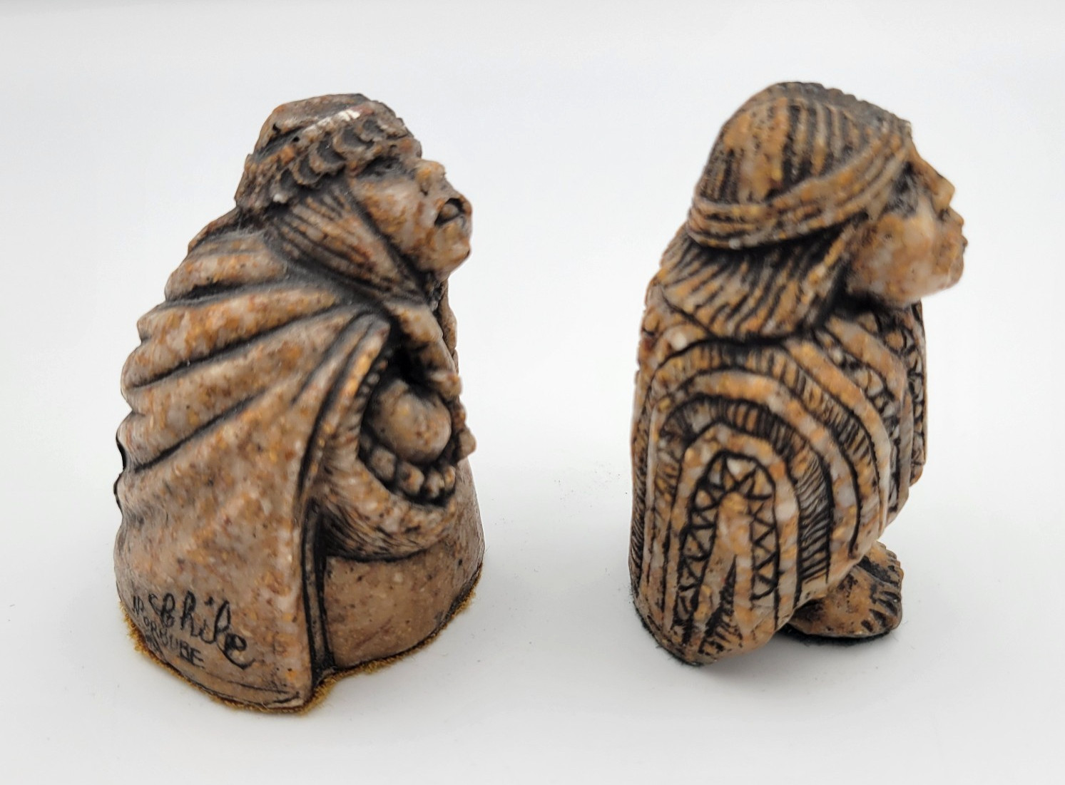 Vintage From Chile Carved Stone Folk Art Figurines Indigenous Man Woman Signed