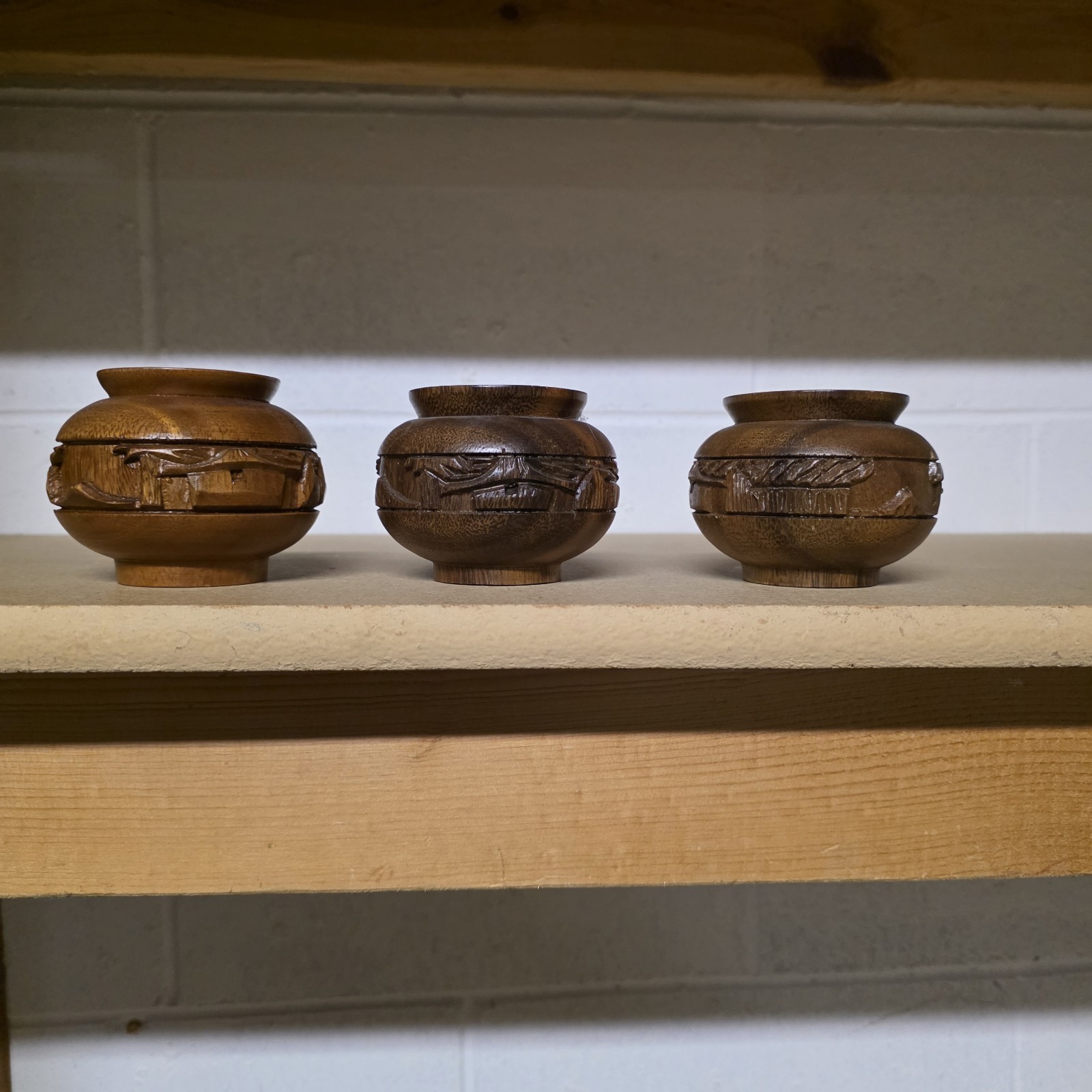 Vintage hand-carved wooden vessels Mid Century Small Set Of 3