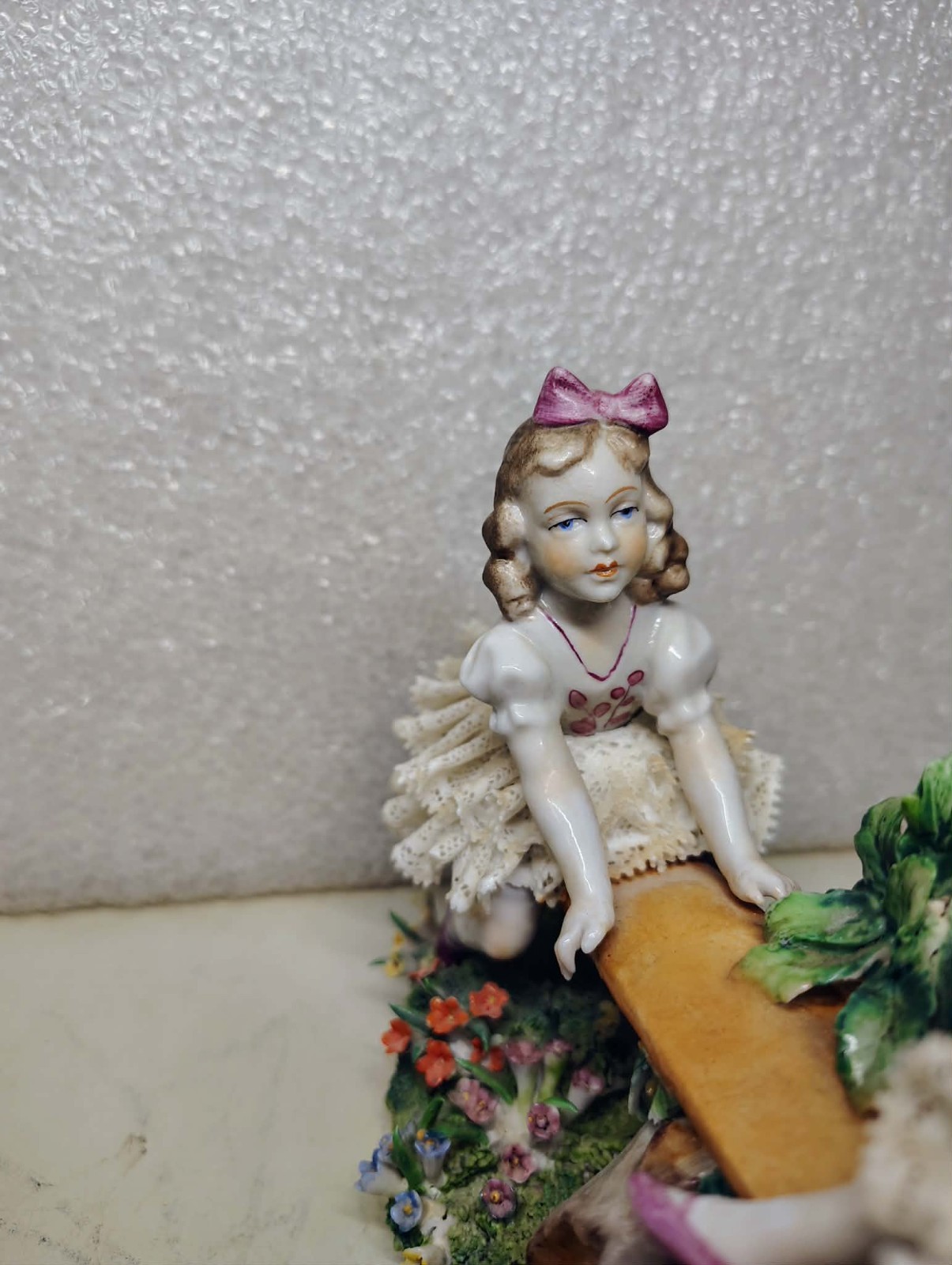 Antique 1850’s German Dresden Lace Sitzendorf Porcelain Girls on Seesaw Figurine