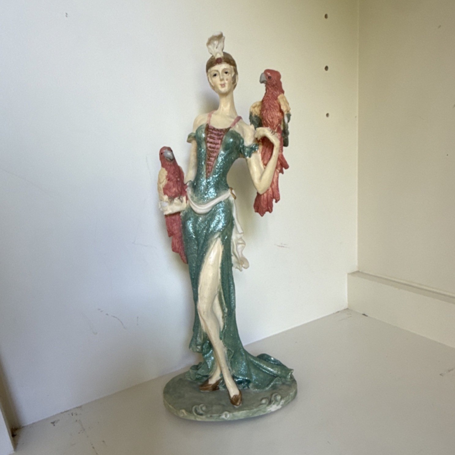Woman with Parrots Figurine Painted Resin Green Red Beige Art People Birds