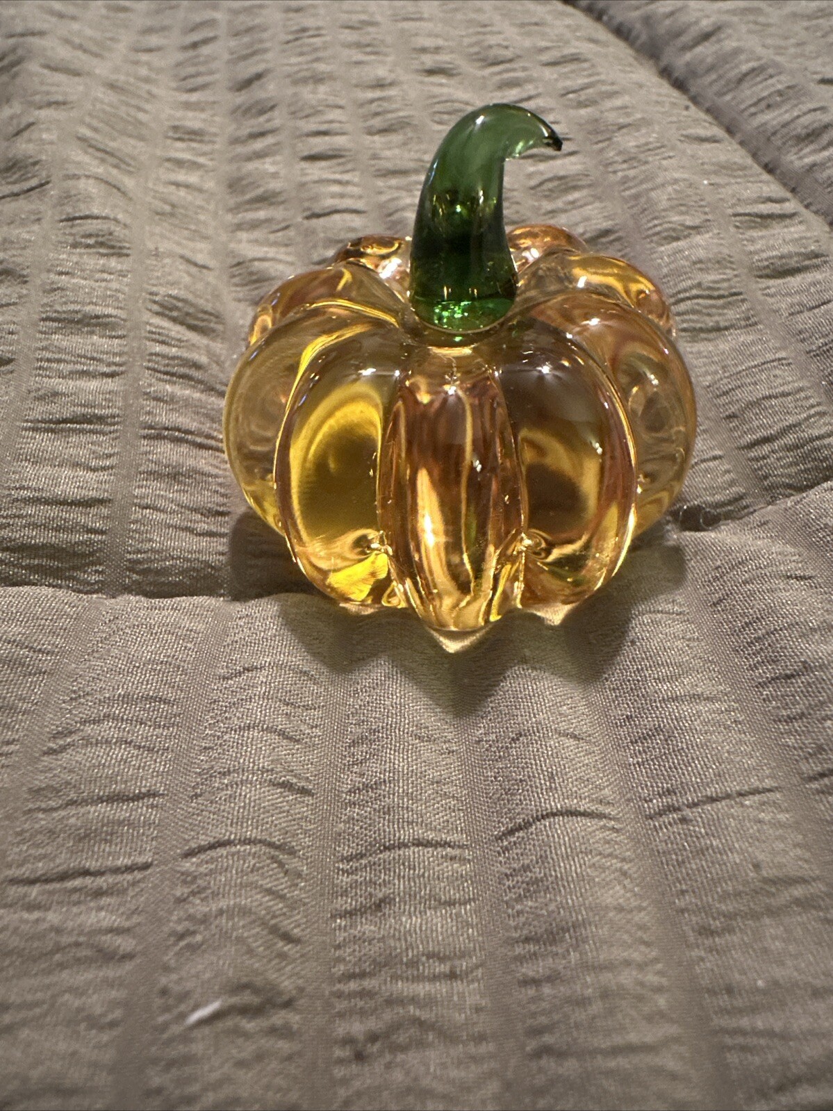 Orange Crafted Glass Pumpkin Figurine With Green Stem In Size 6”x2”x2”
