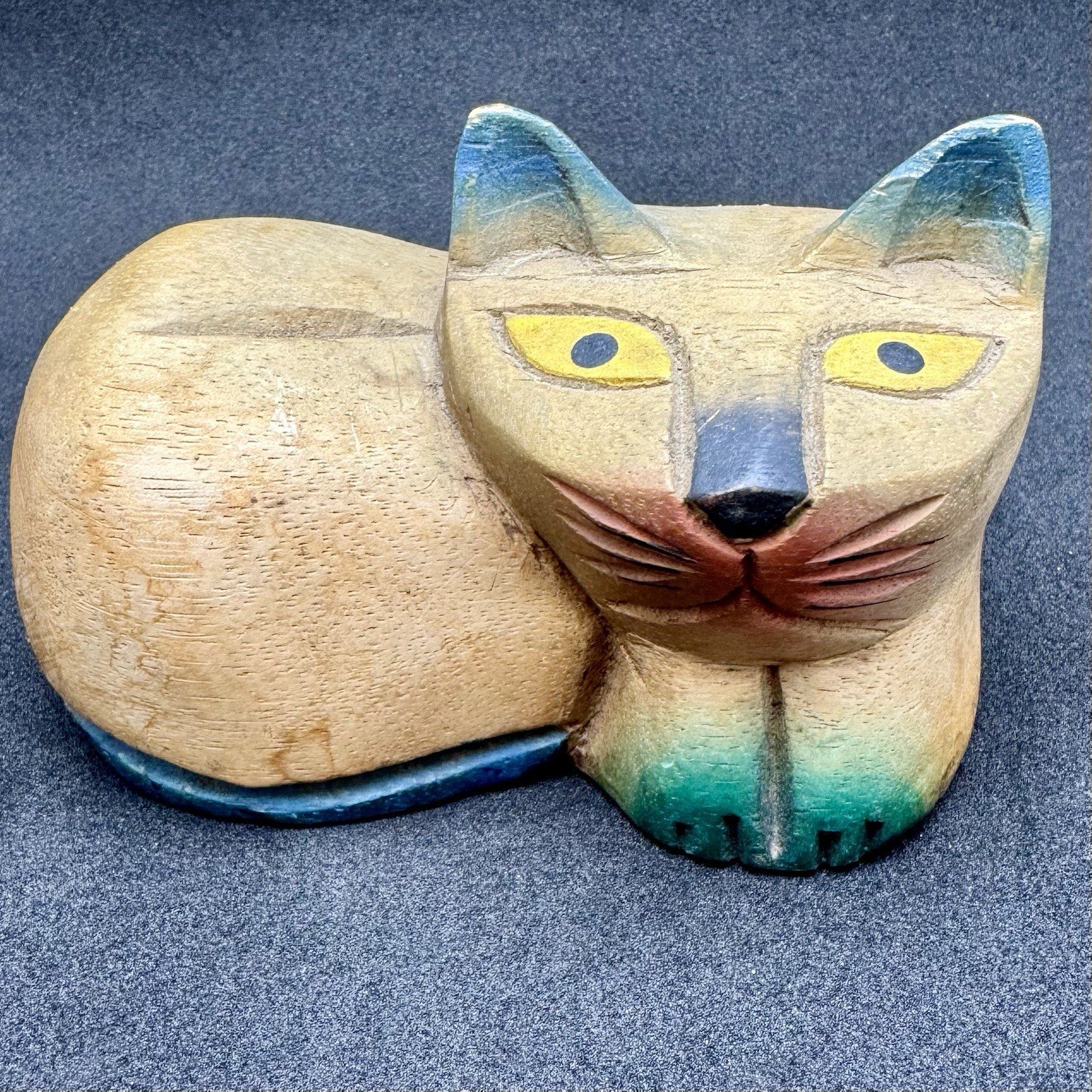 Folk Art Hand Carved, Painted & Stained Wood Vintage Cat Figure/Statue 4.75”