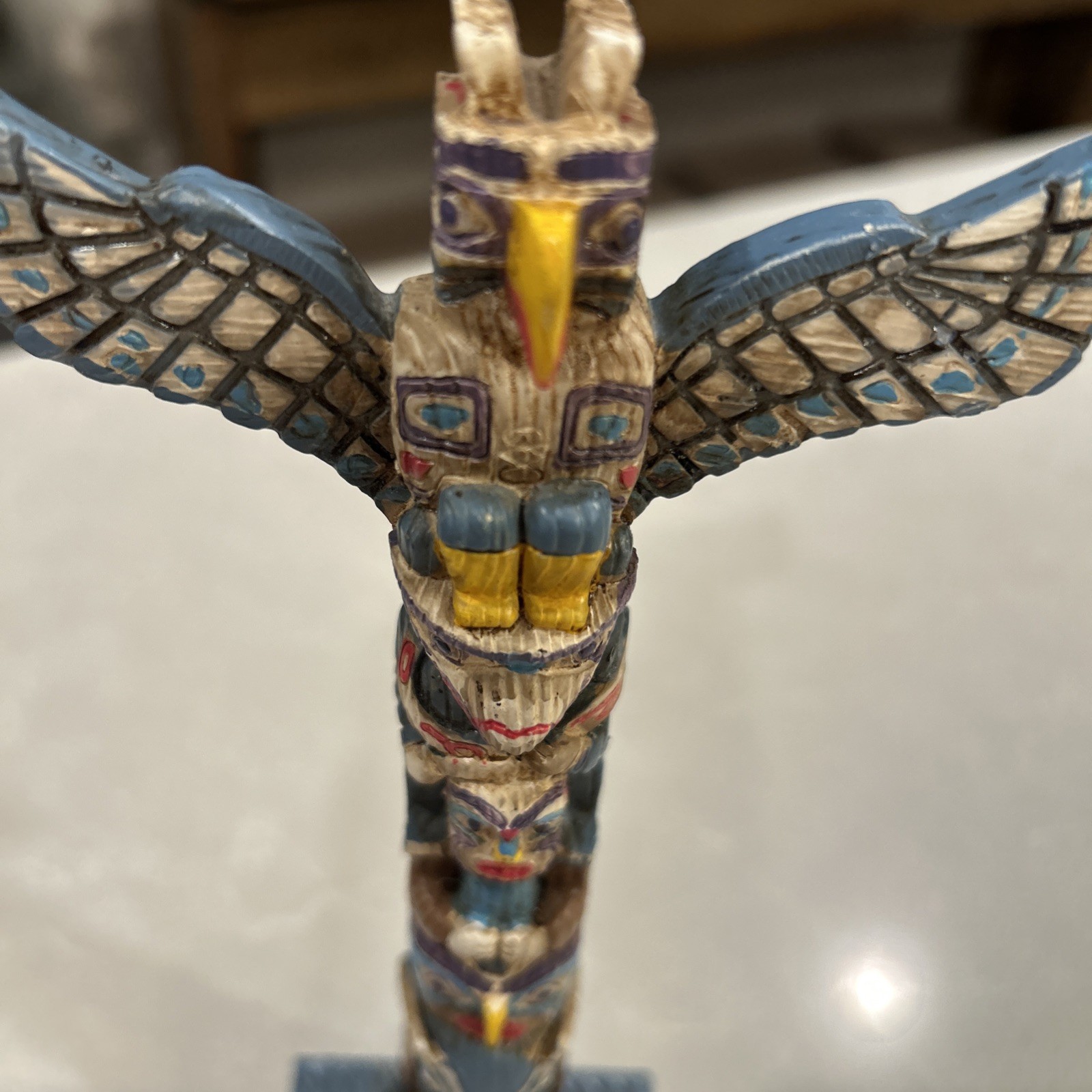 Native American Totem Pole Figurine Small, Painted Resin With Stylized Figures