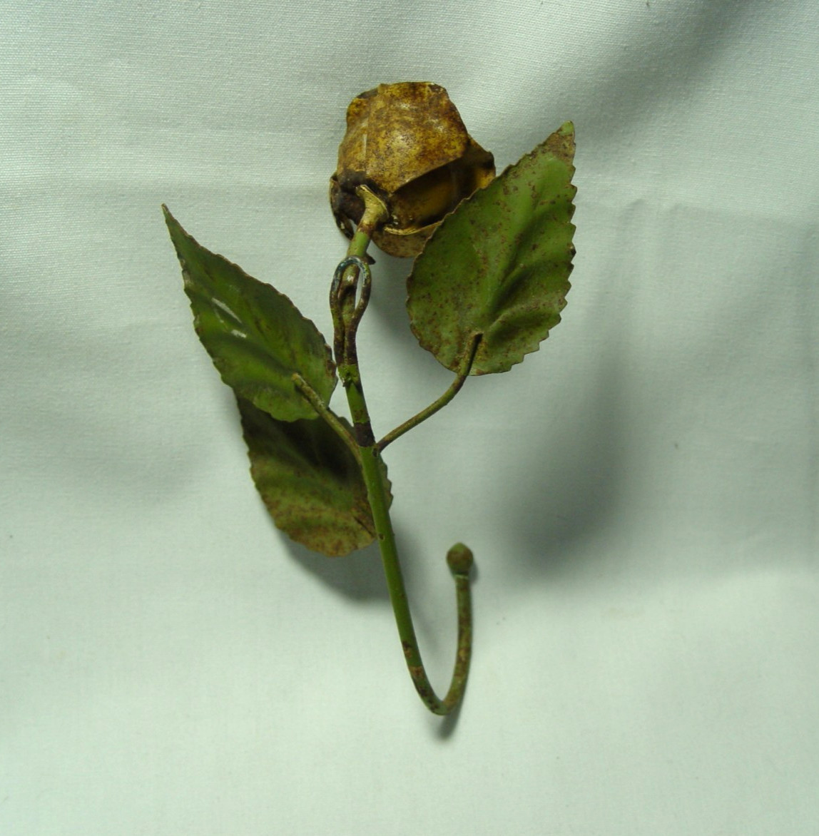 Flower Wall Hook Distressed Metal |Brown Finish Green Leaf Rustic Cottage Shabby