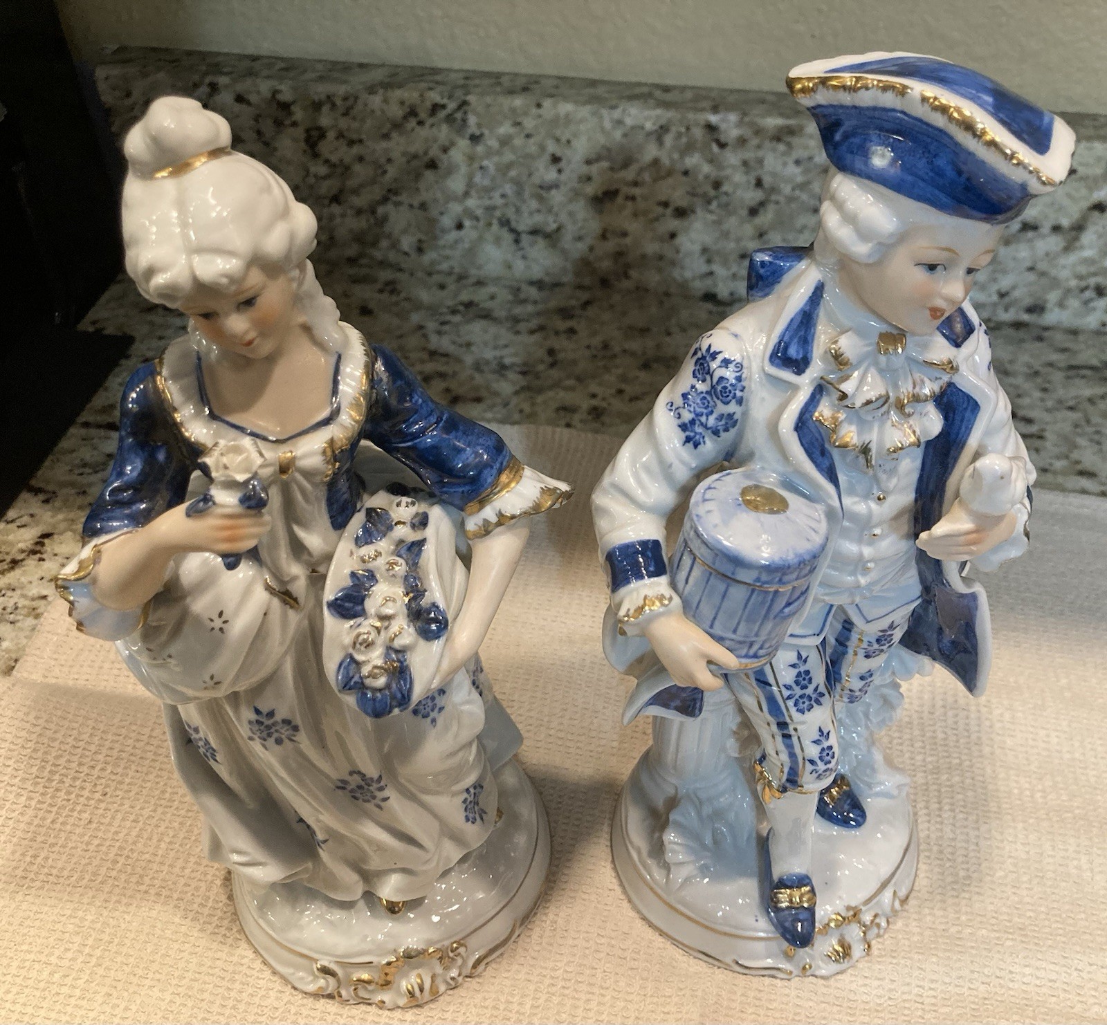 KPM Vintage Victorian Porcelain Couple Figurines Blue and White Set of 2
