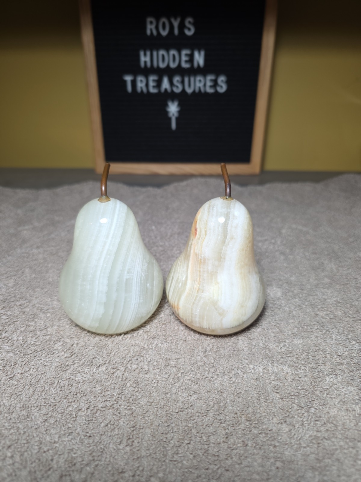 Set of 2 Vtg ONYX Solid Stone PEARS Pear Sculptures FRUIT DECOR Metal Stems MCM