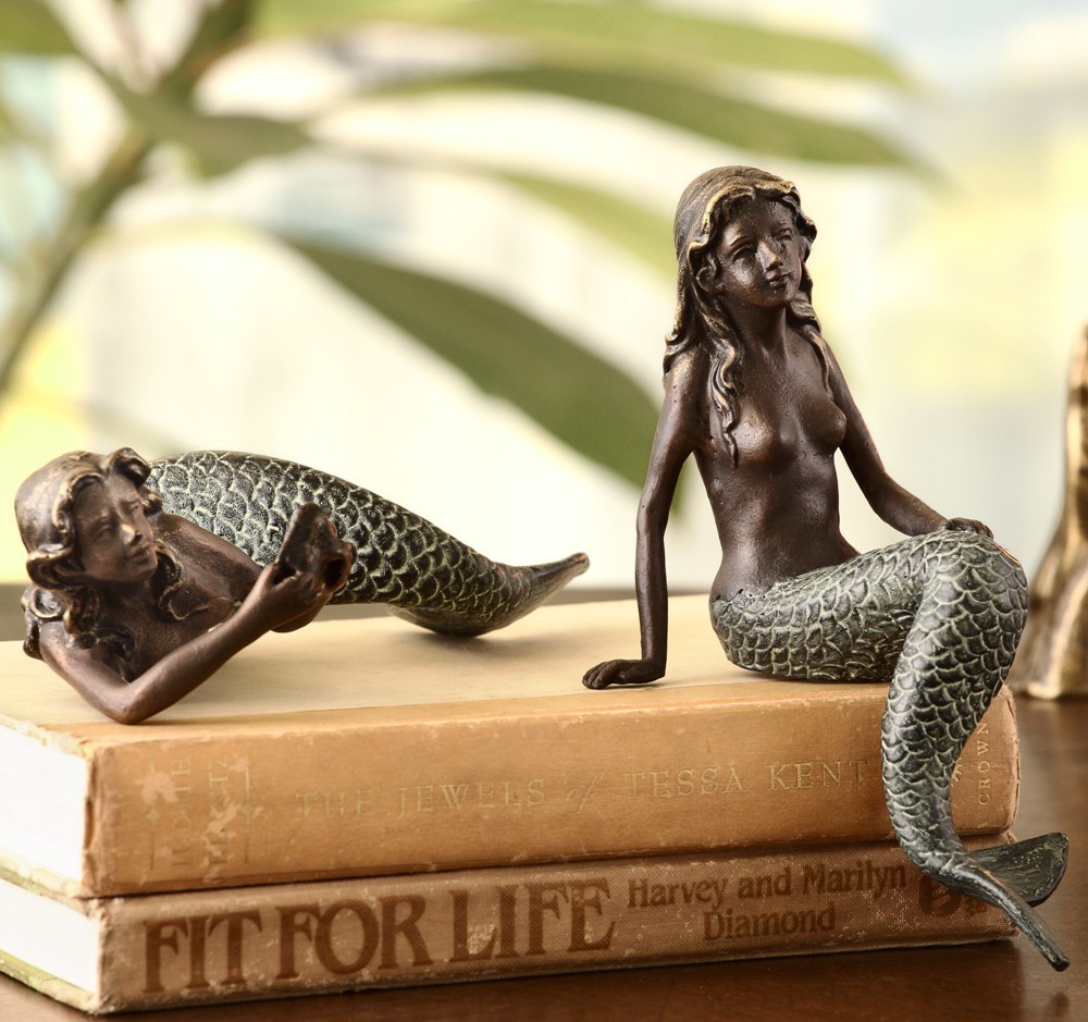 Mermaid Shelf Sitters Set of 2 Aluminum Beach Decor Ocean Themed Figurines