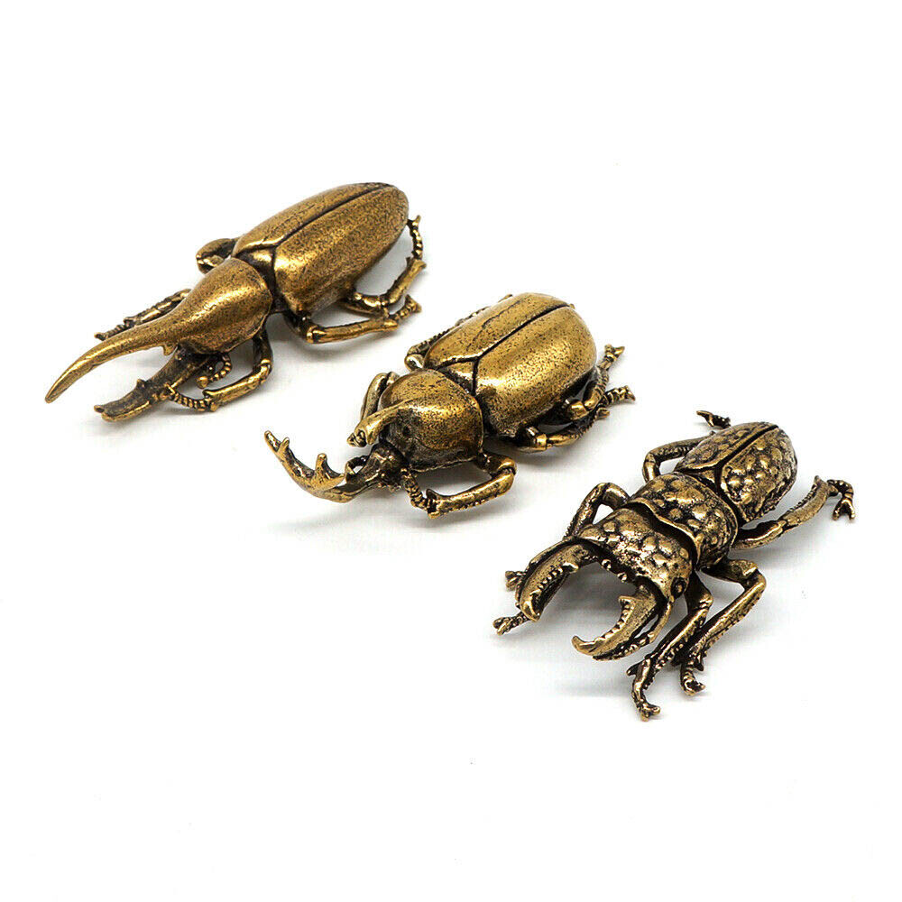 3PCS Solid Brass Insect Figurine Beetle Statue Home Animal Decor Ornament Gifts