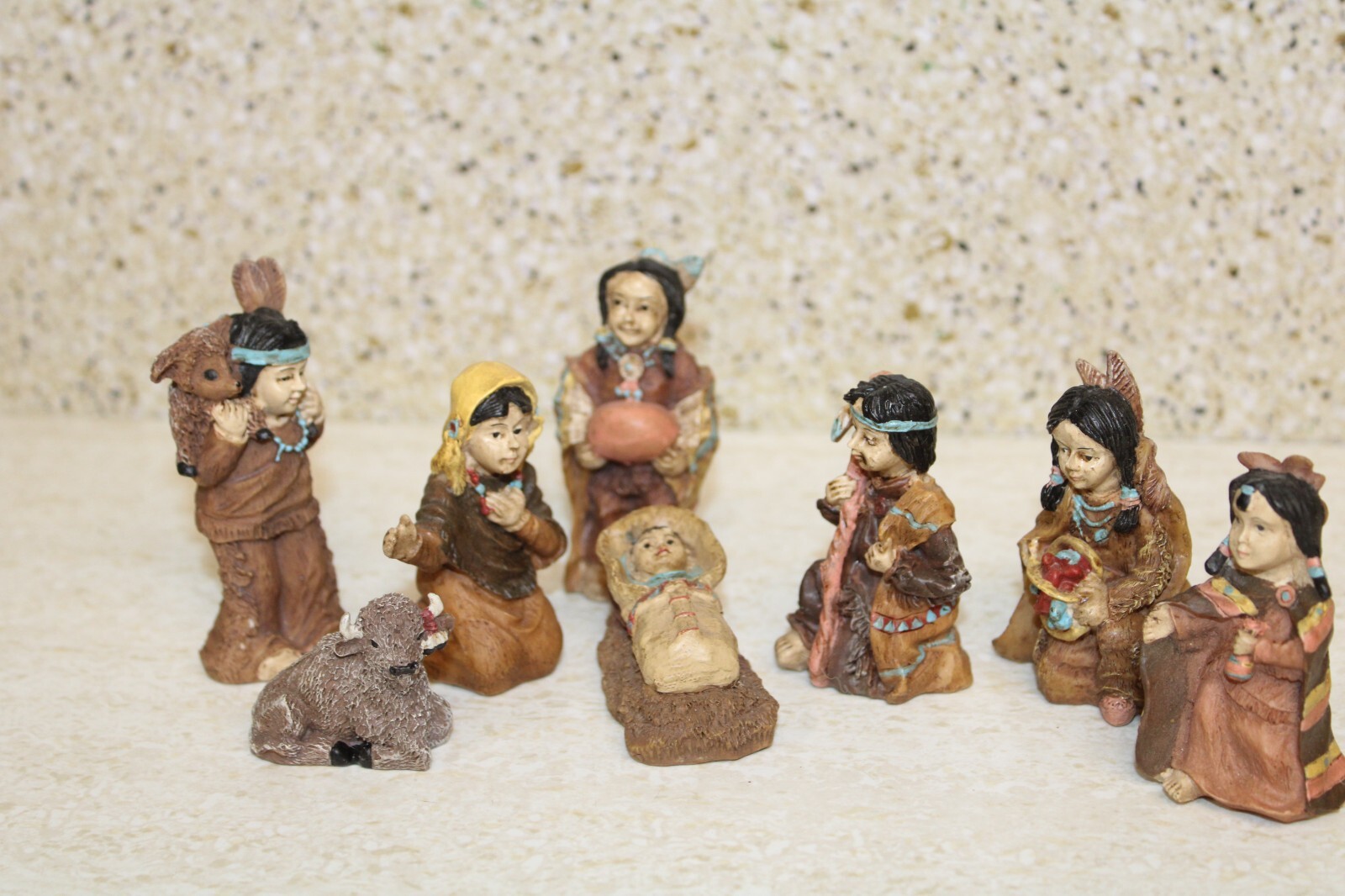 8pc Vintage Resin Western Native Figurines: People, Papoose, Buffalo Bison…