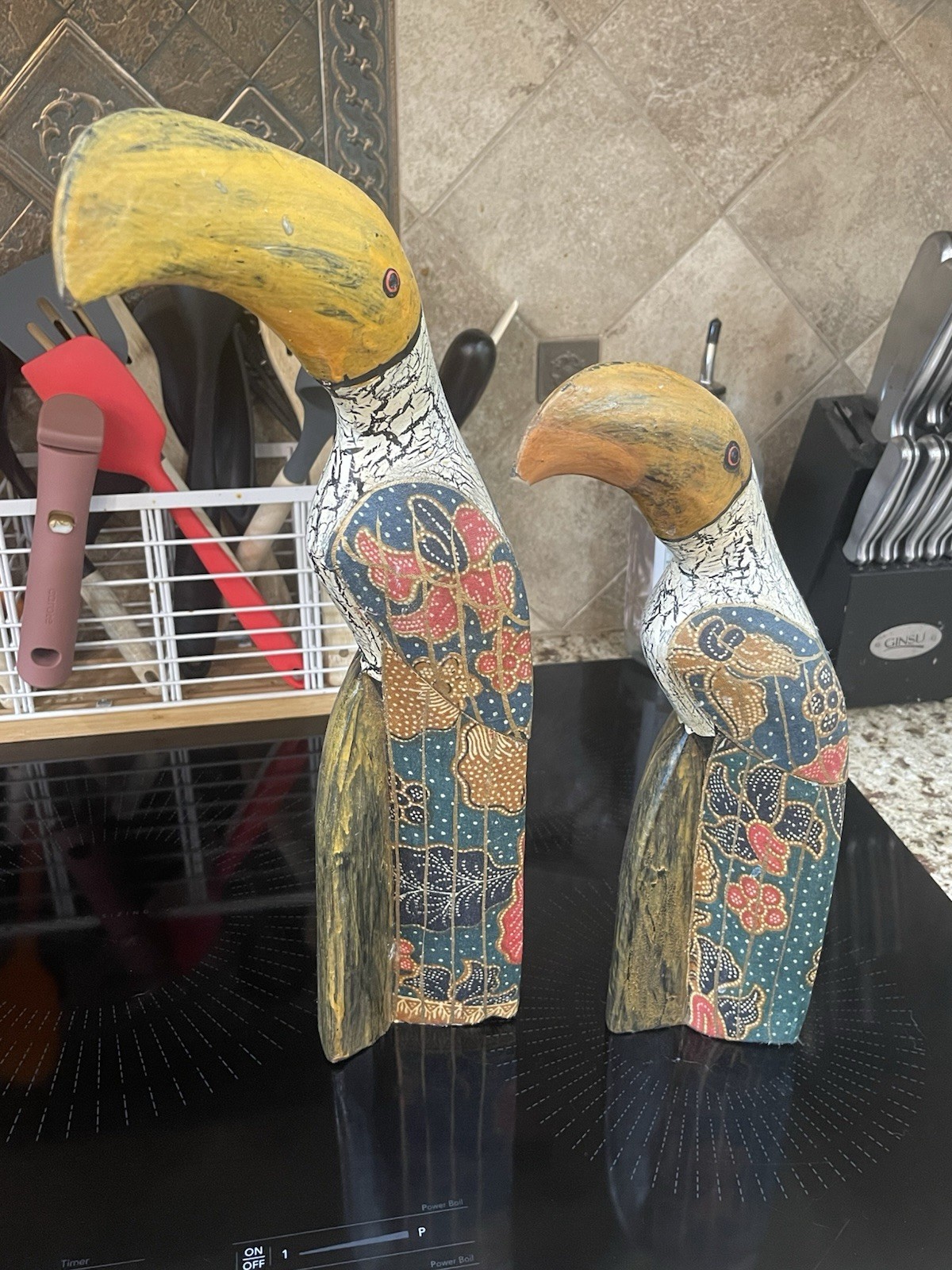 Hand Carved Indonesian Wooden Toucan Bird Statues Set 2 Hand Painted Decor