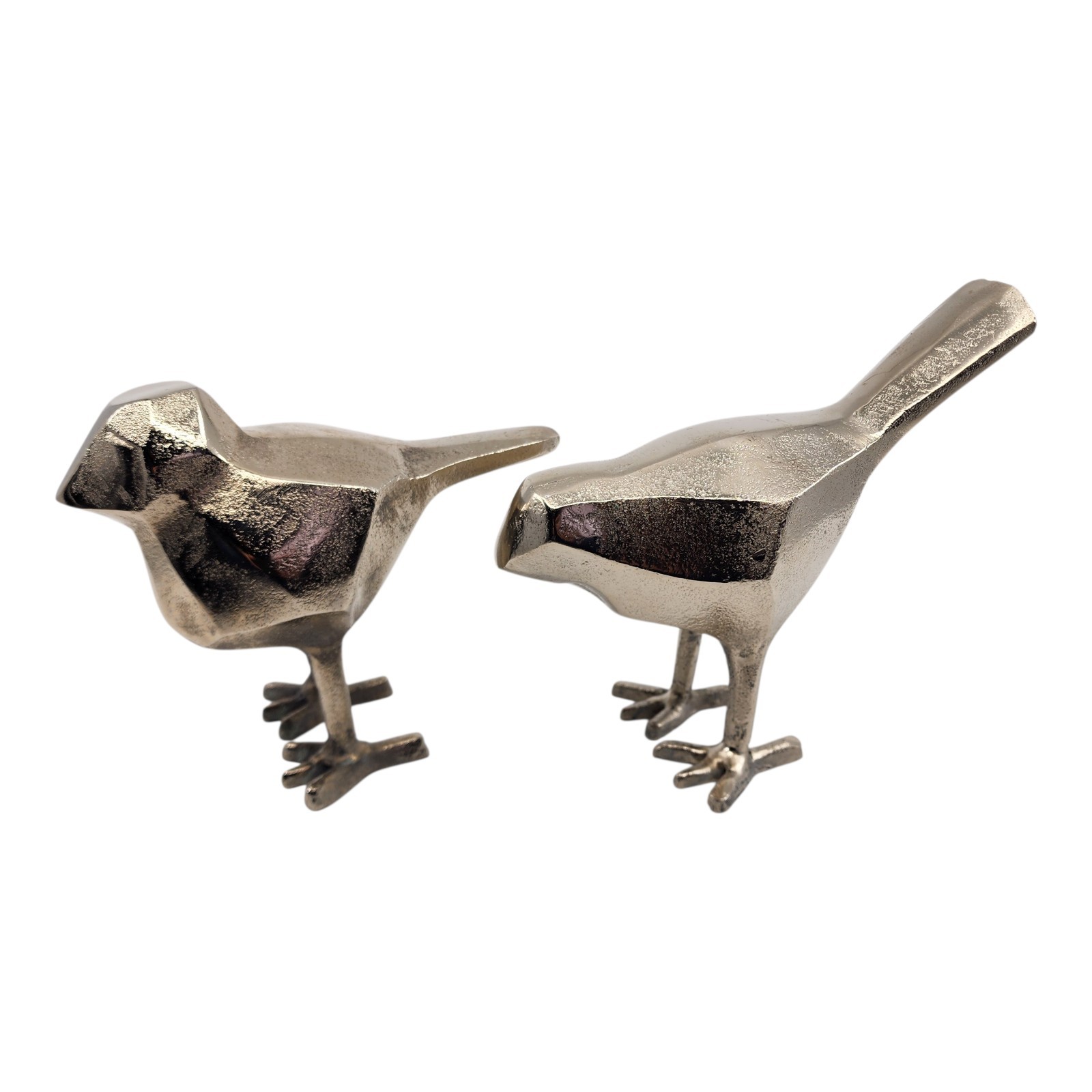 Cast Metal Pair of Decorative Geometric Silver Birds Minimalist Nature Object