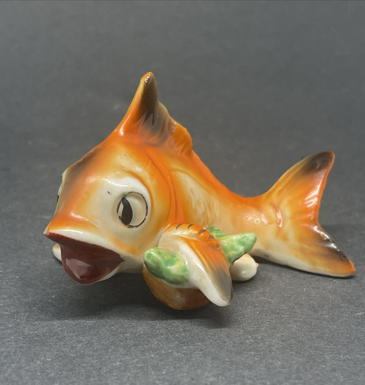 Vintage Anthropomorphic Orange Goldfish Koi Fish w/ Basket Figurine Japan
