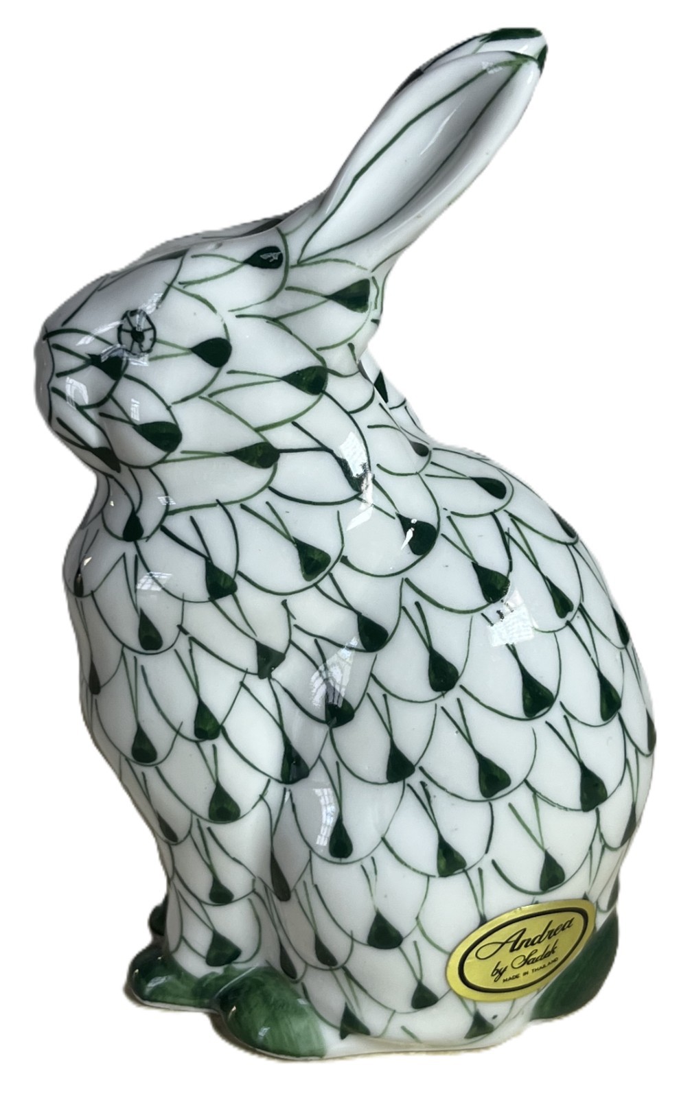 Vintage Andrea by Sadek Green Fishnet Bunny Rabbit Figurine Hand Painted 5.5”