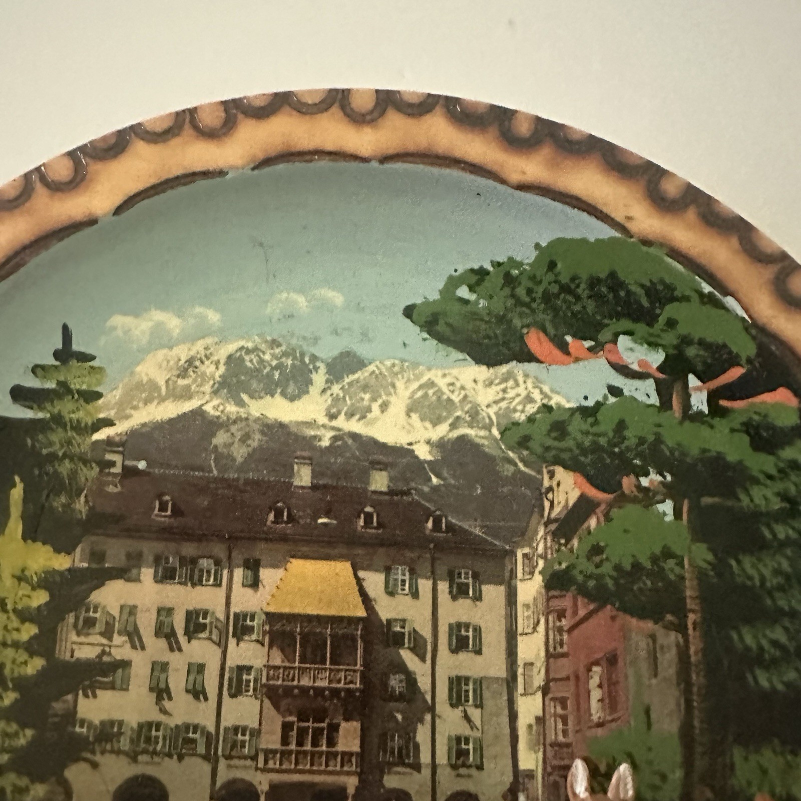 Vintage 50s Innsbruck Tirol Hand Carved Painted Wood Plate Alpine Deer Austria