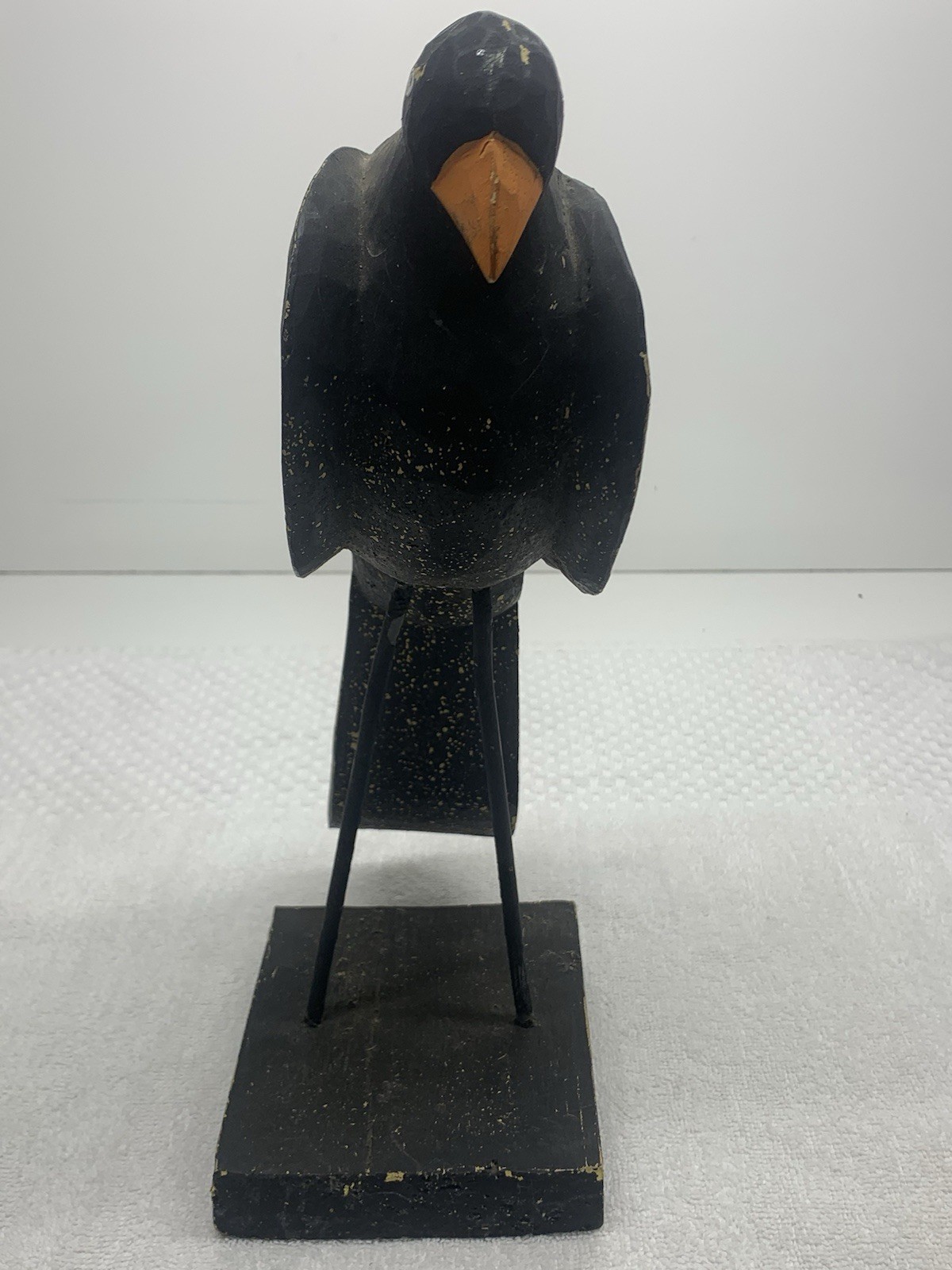 Folk Art Wooden Black Bird Crow Statue Whimsical Art Figure Wood & Metal Legs