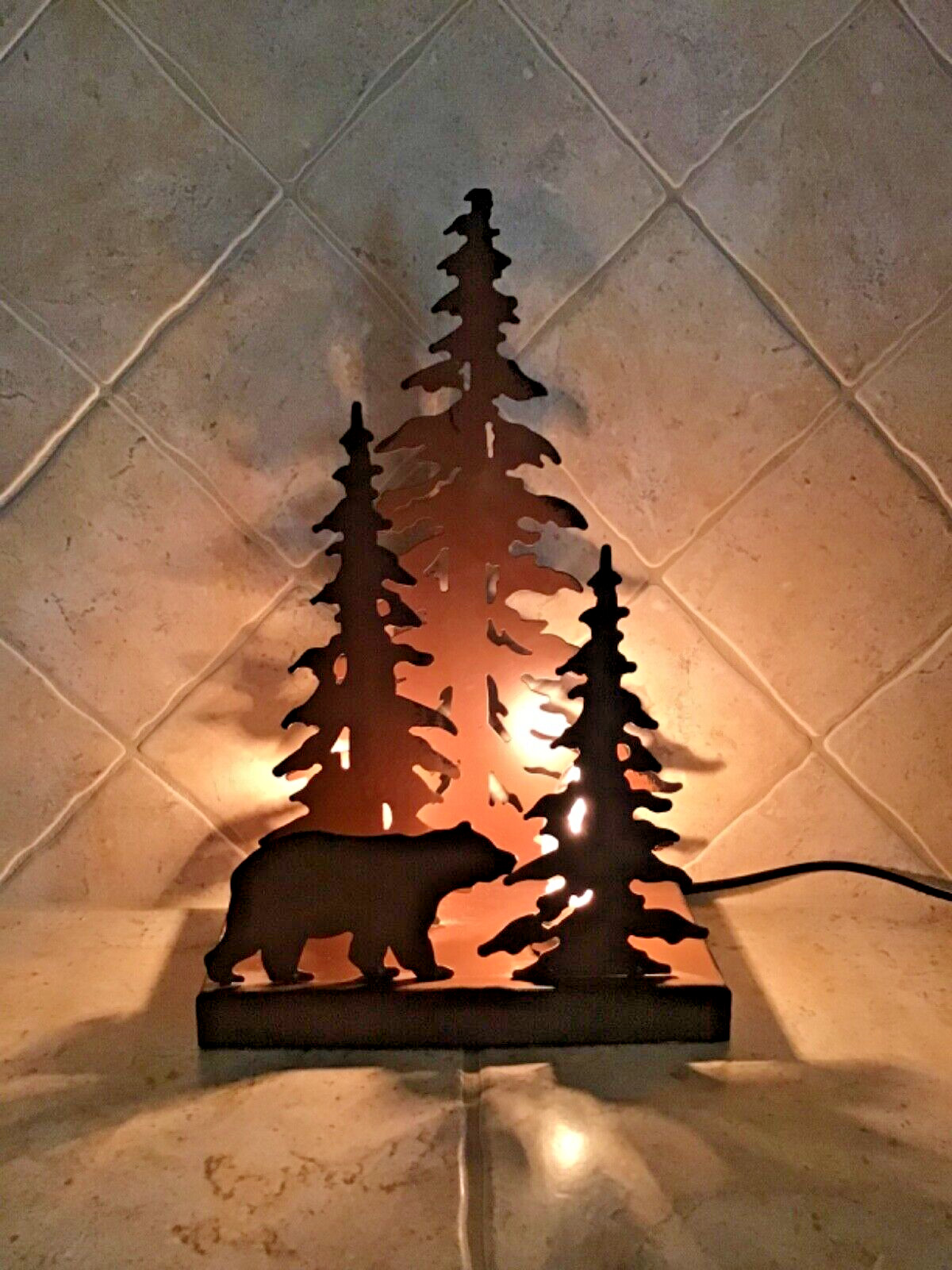 Rustic Brown Metal Bear in the Forest Table Decorative Night Light