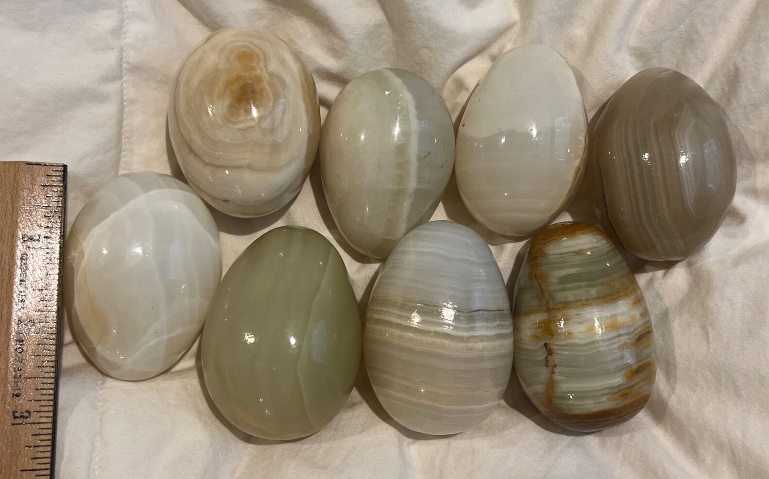 8 Vintage Alabaster Polished Eggs 2 1/2 Inches. Cream, White, Beige Colors.