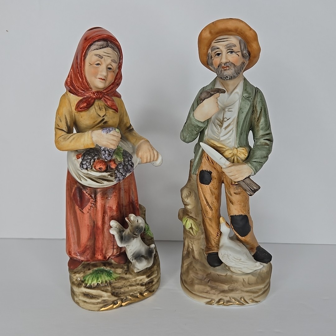 Vintage Homco Figurines Old Man and Old Woman 8″ Porcelain Country Farm 1417