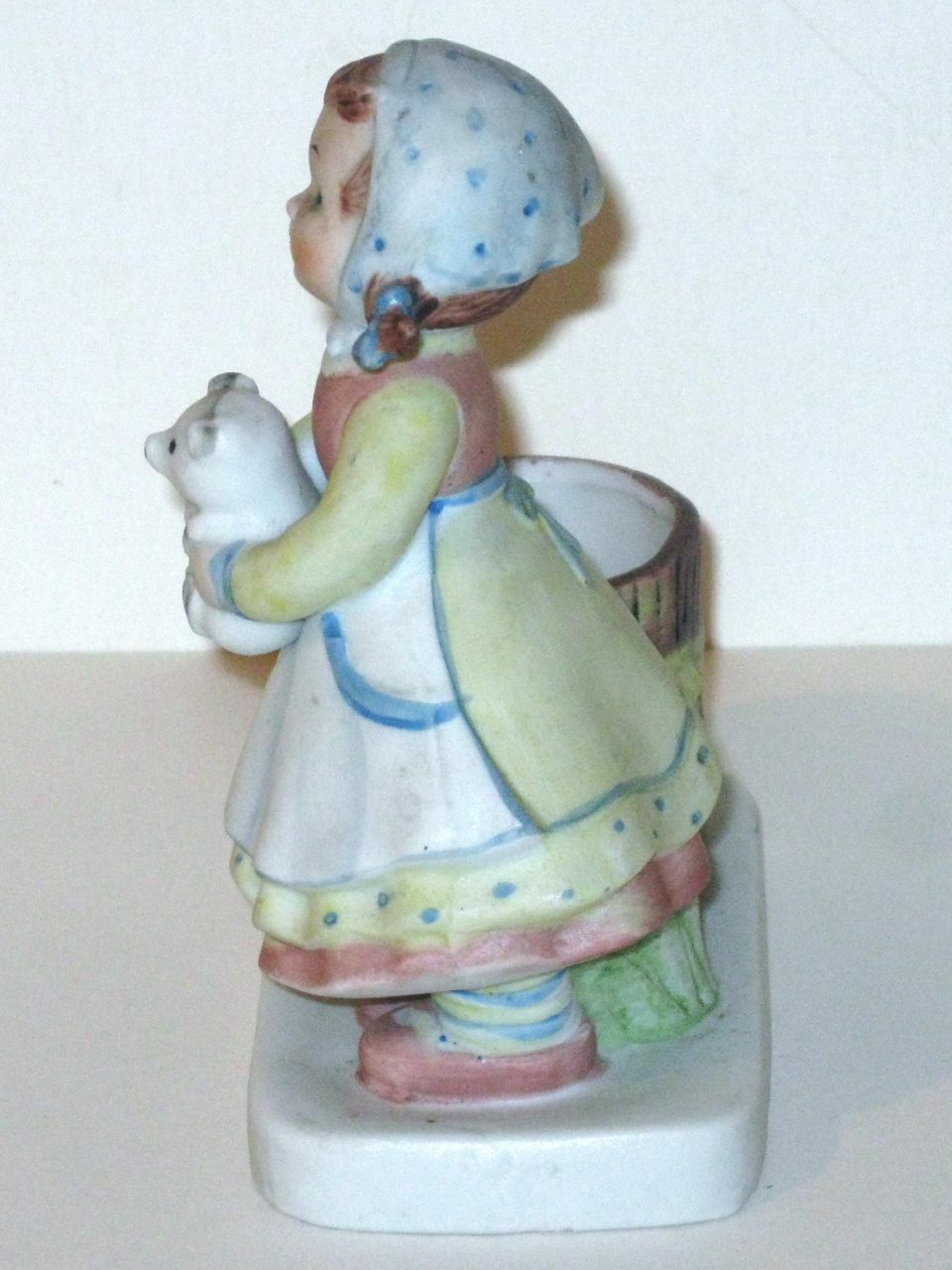 Vintage 1980 W.A. Porcelain GIRL with Pigtails & TEDDY BEAR Figurine / Votive!