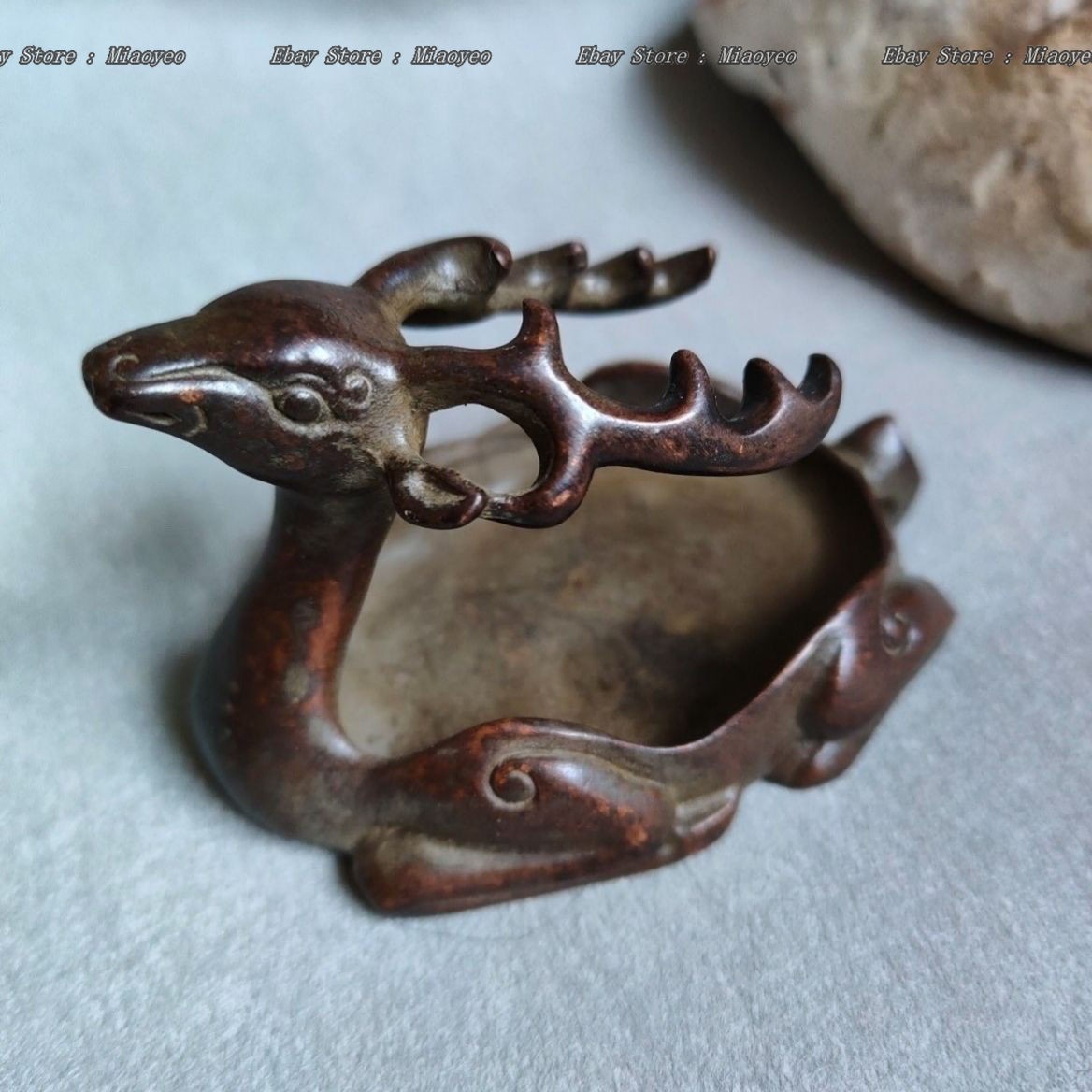 Bronze Deer Brush Washer & Paperweight – Antique Scholar’s Desk Set 2.36”