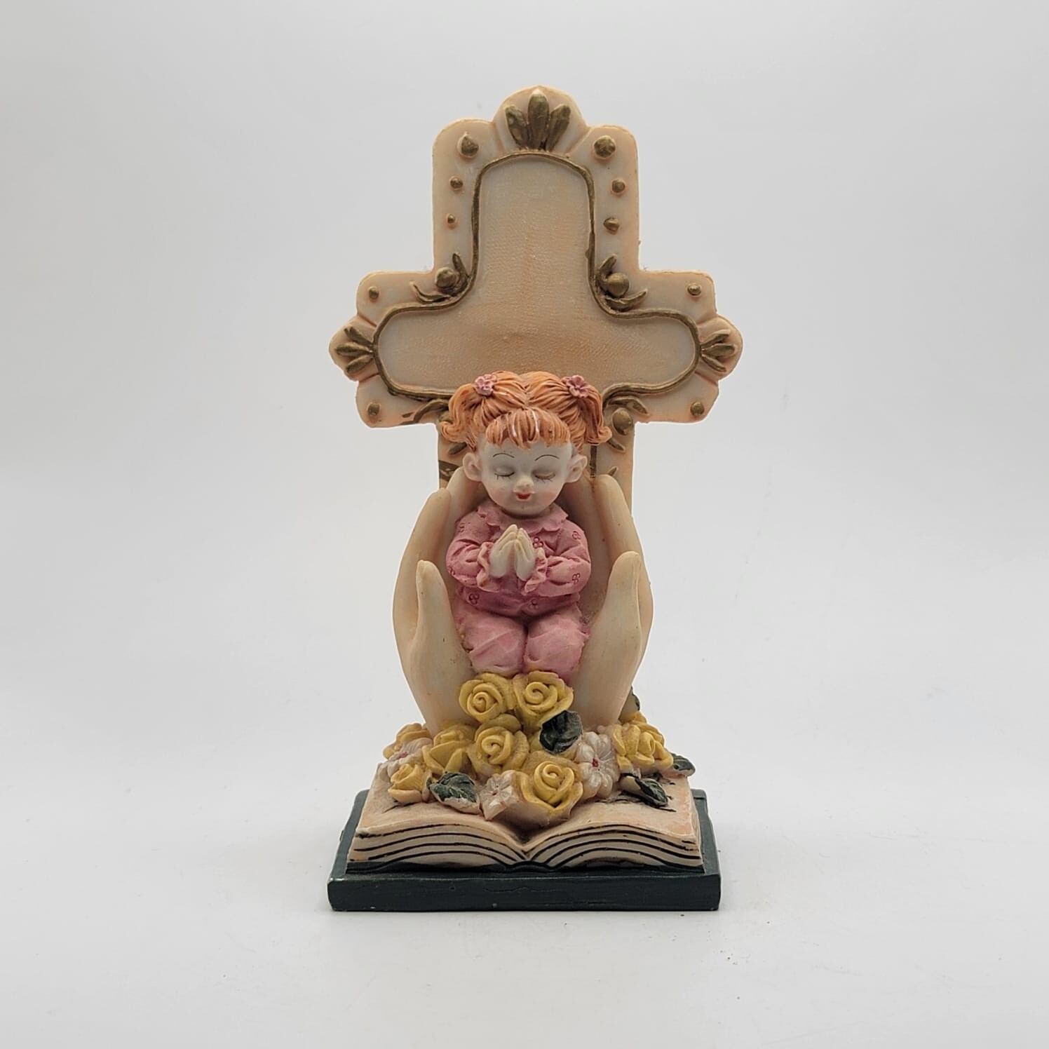 Vintage Sophia-Ann Resin SITCO Girl Praying Hands Cross Figurine 6″H