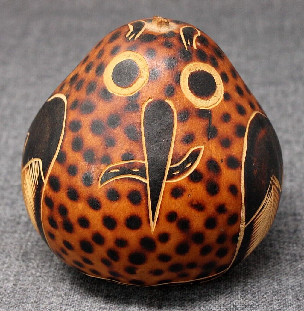 HAND CARVED & Decorated Natural Gourd, Bird with Worm in Beak 4″ Tall VERY CUTE!