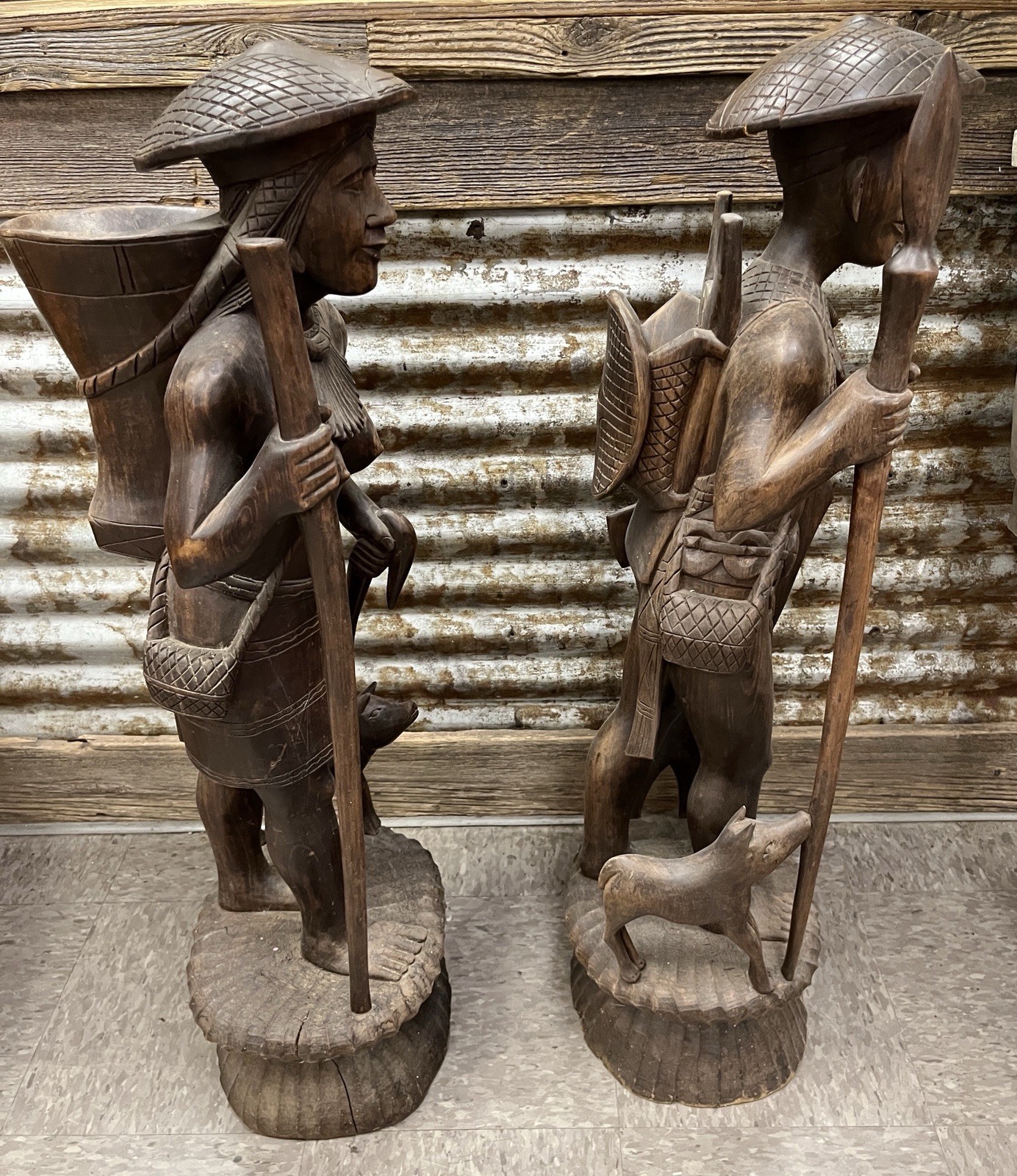 Pair of Igorot Tribesmen Figural Hunter and Huntress Carvings 3ft tall LARGE