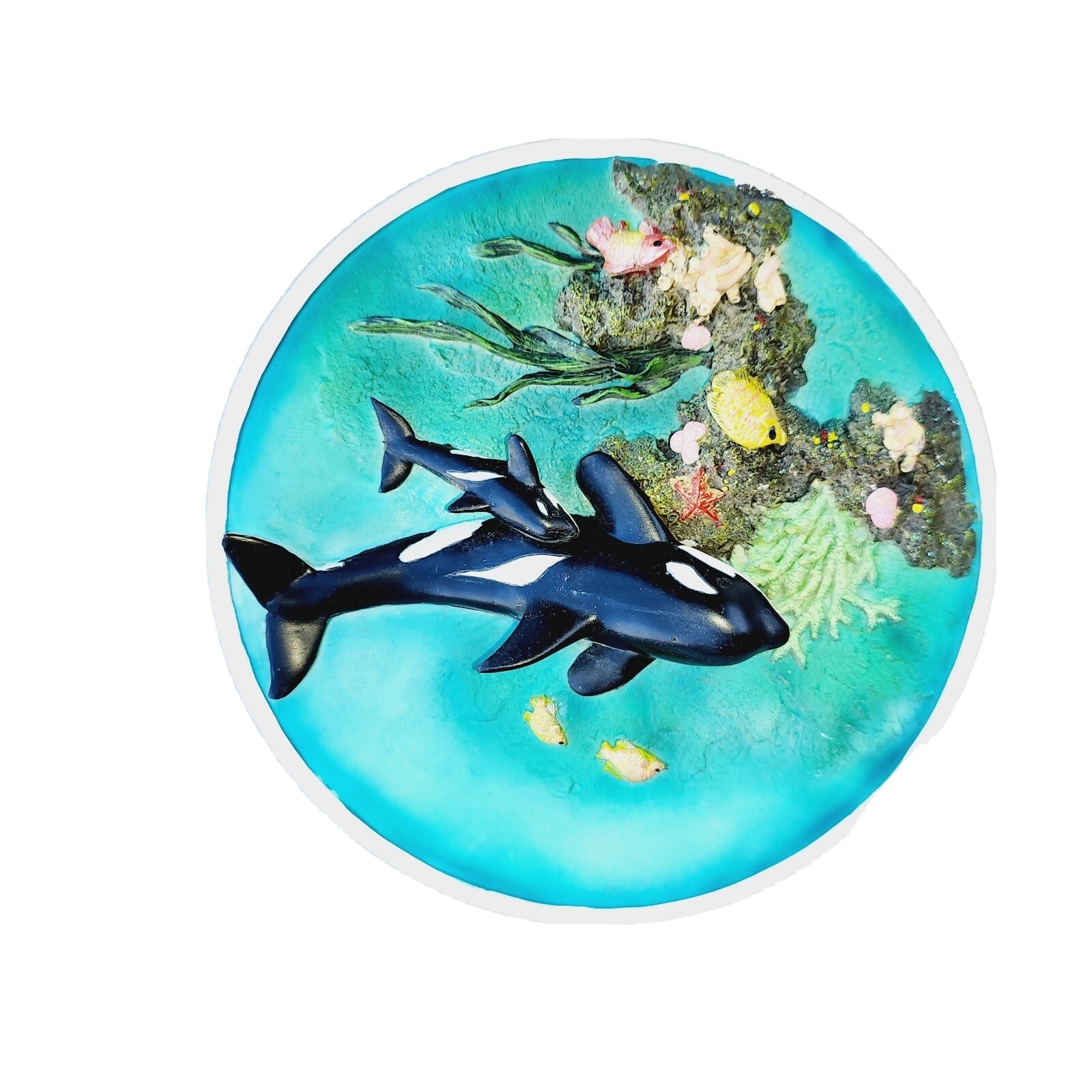 VTG 1980s Orca Mother & Baby Sealife Coral Reef 3D Ceramic & Resin Plate w/Stand