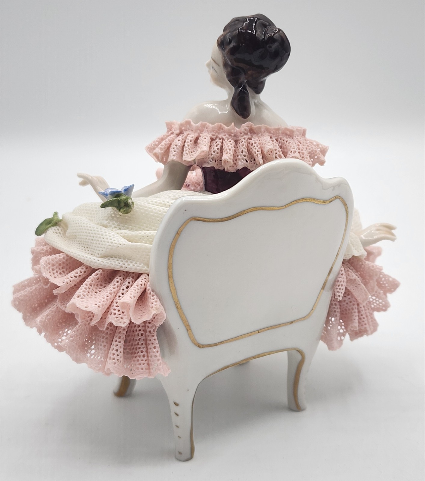 Antique German Volkstedt Dresden Lace Porcelain Figurine Lady On Sofa 5″× 5.5″