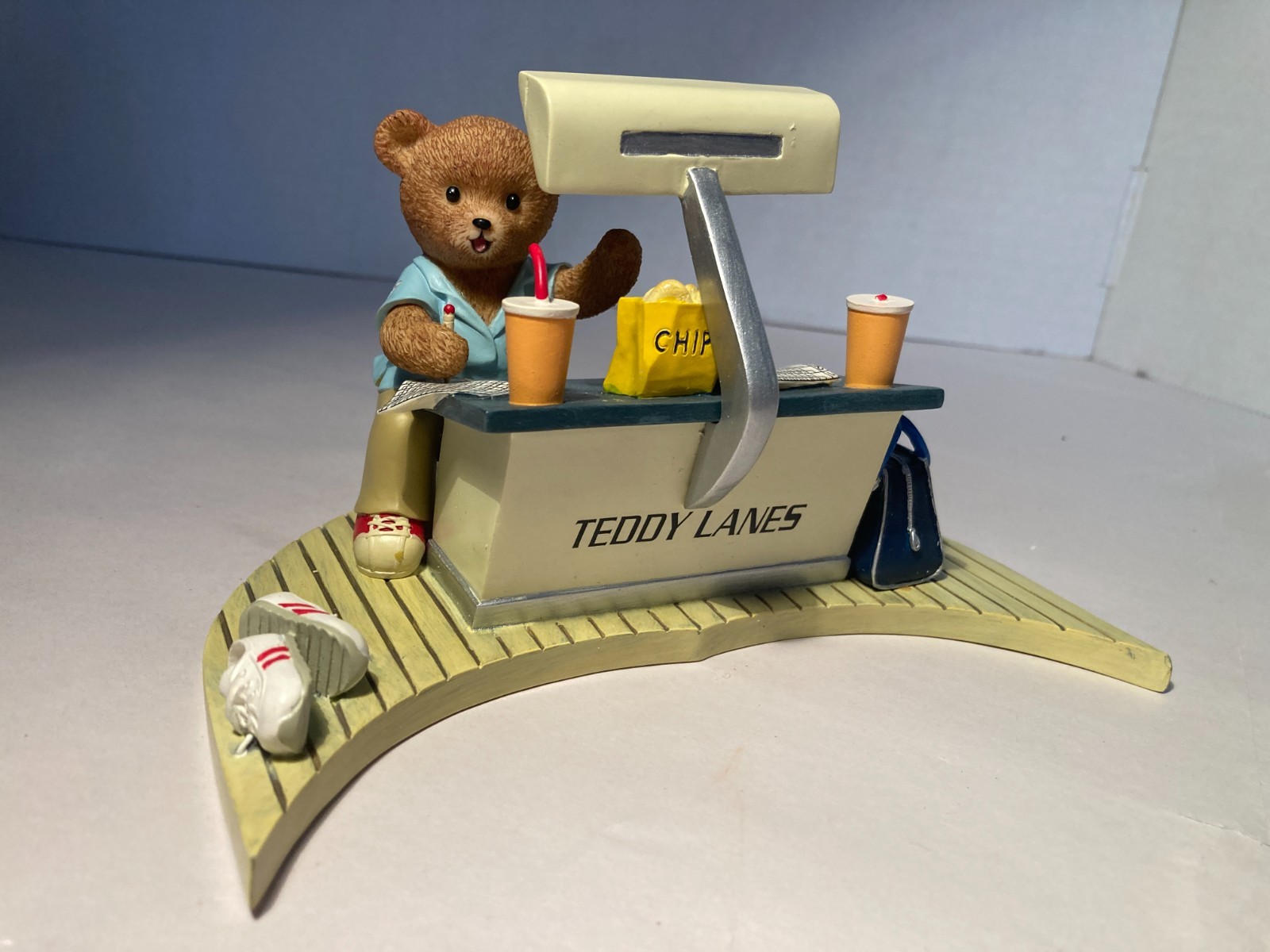 Teddy Bear Bowler Bowling Figurine VERY CUTE…HAVING A SNACK