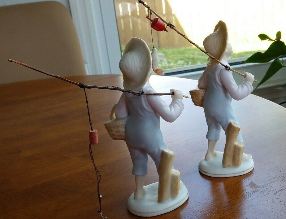 2 UCAGO FISHING BOYS ORIGINAL POLES VINTAGE JAPAN BISQUE HAND PAINTED EX COND